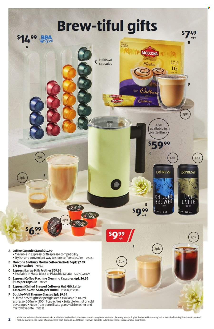 thumbnail - ALDI Catalogue - 1 May 2024 - 7 May 2024 - Sales products - plant-based milk, ice cream, gelato, Cadbury, Nespresso, Moccona, coffee capsules, dishwasher, coffee machine, milk frother, bra. Page 2.