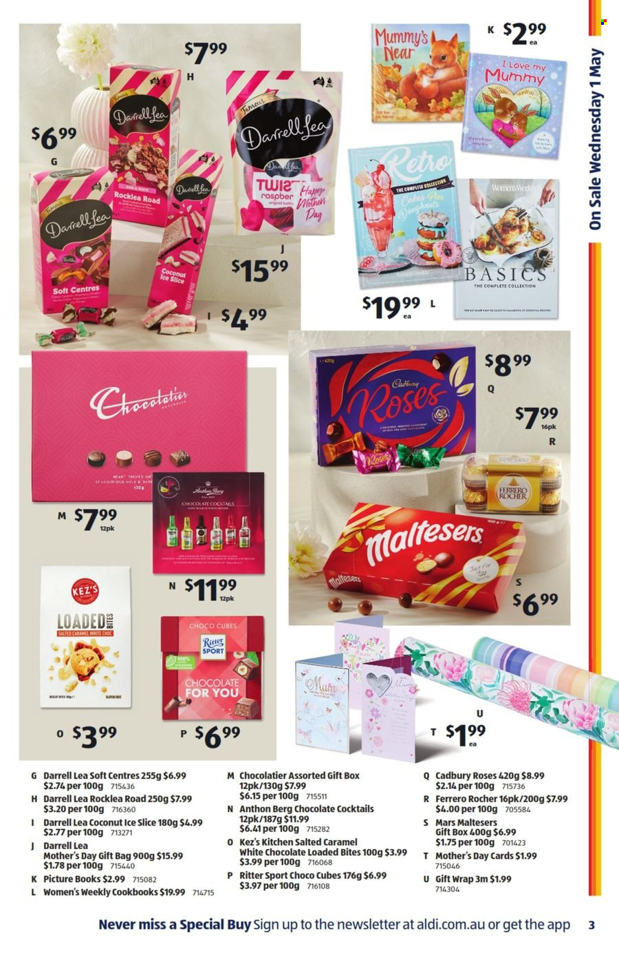 thumbnail - ALDI Catalogue - 1 May 2024 - 7 May 2024 - Sales products - donut, white chocolate, pralines, chocolate, Ferrero Rocher, Mars, gift box, Maltesers, Cadbury, Cadbury Roses, Ritter Sport, chocolate candies, cocktail, Jet, gift wrap, gift bag, book, children's book, cookbook. Page 3.