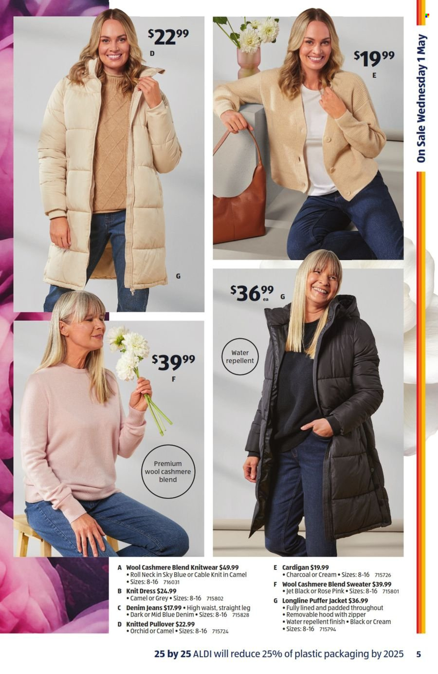 thumbnail - ALDI Catalogue - 1 May 2024 - 7 May 2024 - Sales products - jacket, puffer jacket, Denim, jeans, dress, cardigan, sweater, pullover, knitwear, rose. Page 5.