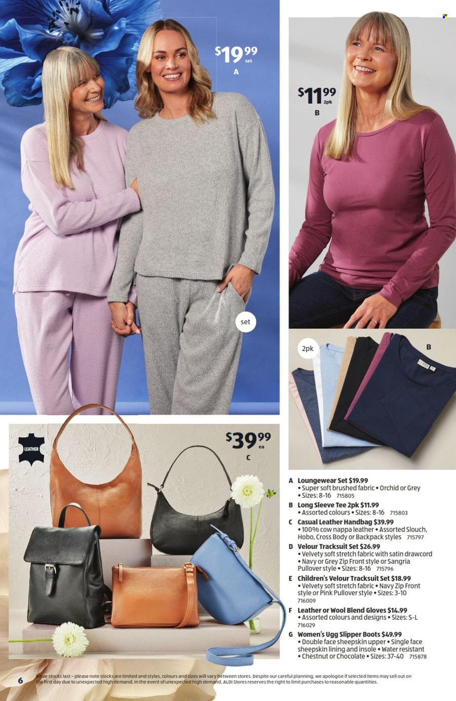 thumbnail - ALDI Catalogue - 1 May 2024 - 7 May 2024 - Sales products - boots, slippers, UGG, gloves, loungewear, long-sleeve tee, t-shirt, pullover, tracksuit, backpack, handbag, houseplant, orchid. Page 6.