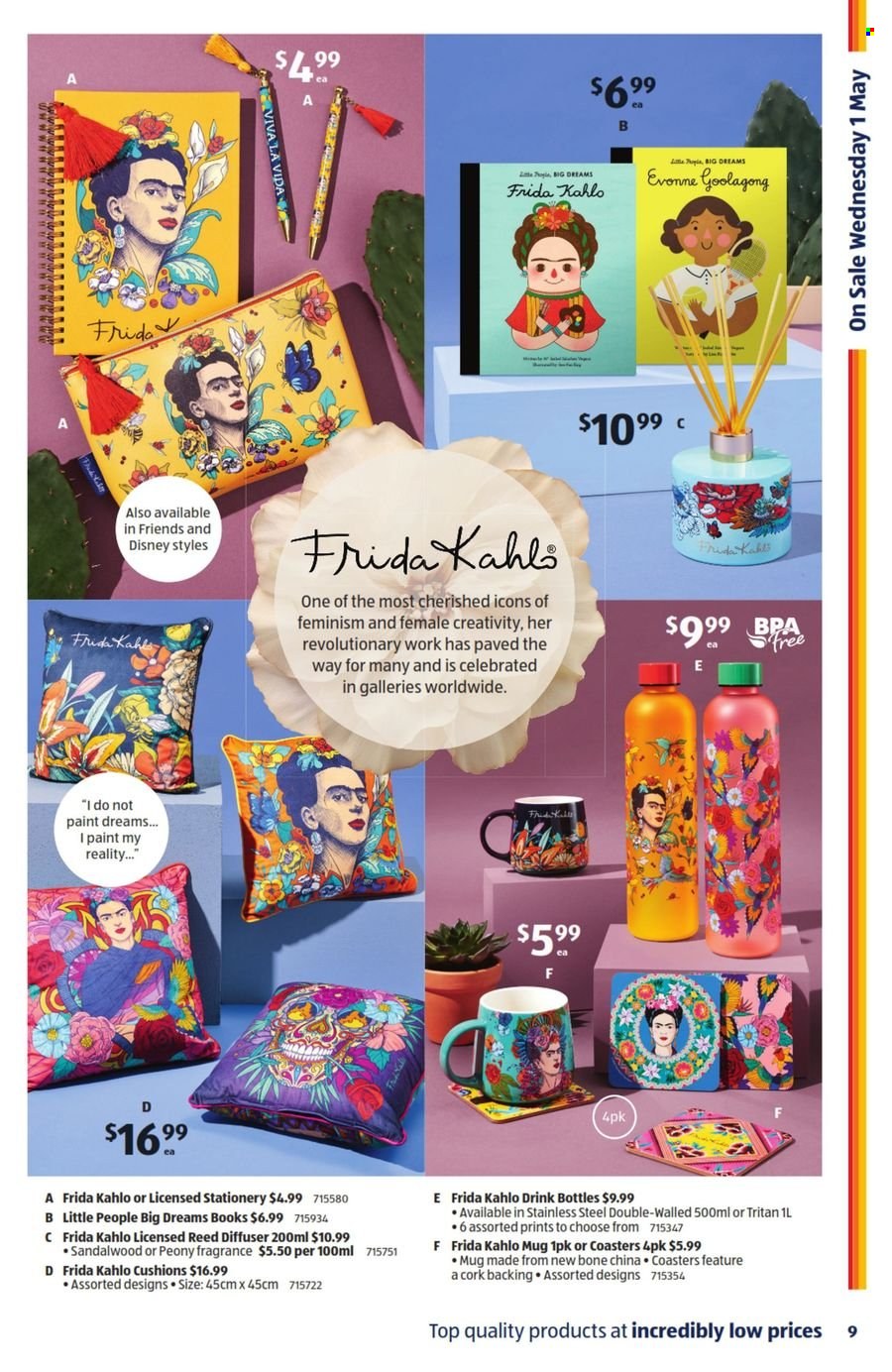 thumbnail - ALDI Catalogue - 1 May 2024 - 7 May 2024 - Sales products - Disney, fragrance, mug, coasters, stationery product, diffuser, book, cushion, Little People, bra. Page 9.