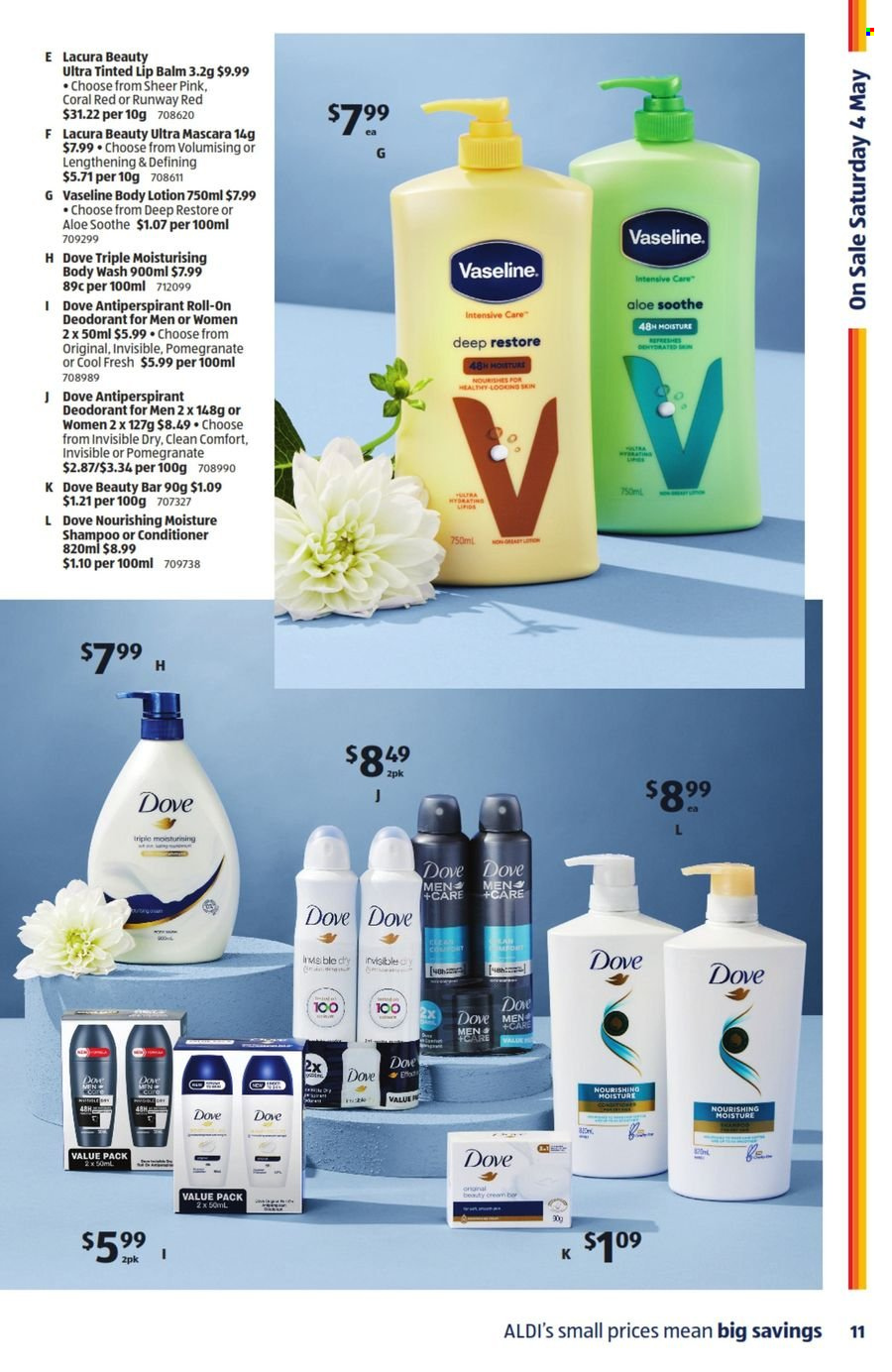 thumbnail - ALDI Catalogue - 1 May 2024 - 7 May 2024 - Sales products - Dove, body wash, shampoo, Vaseline, lip balm, conditioner, body lotion, anti-perspirant, roll-on, deodorant, mascara. Page 11.
