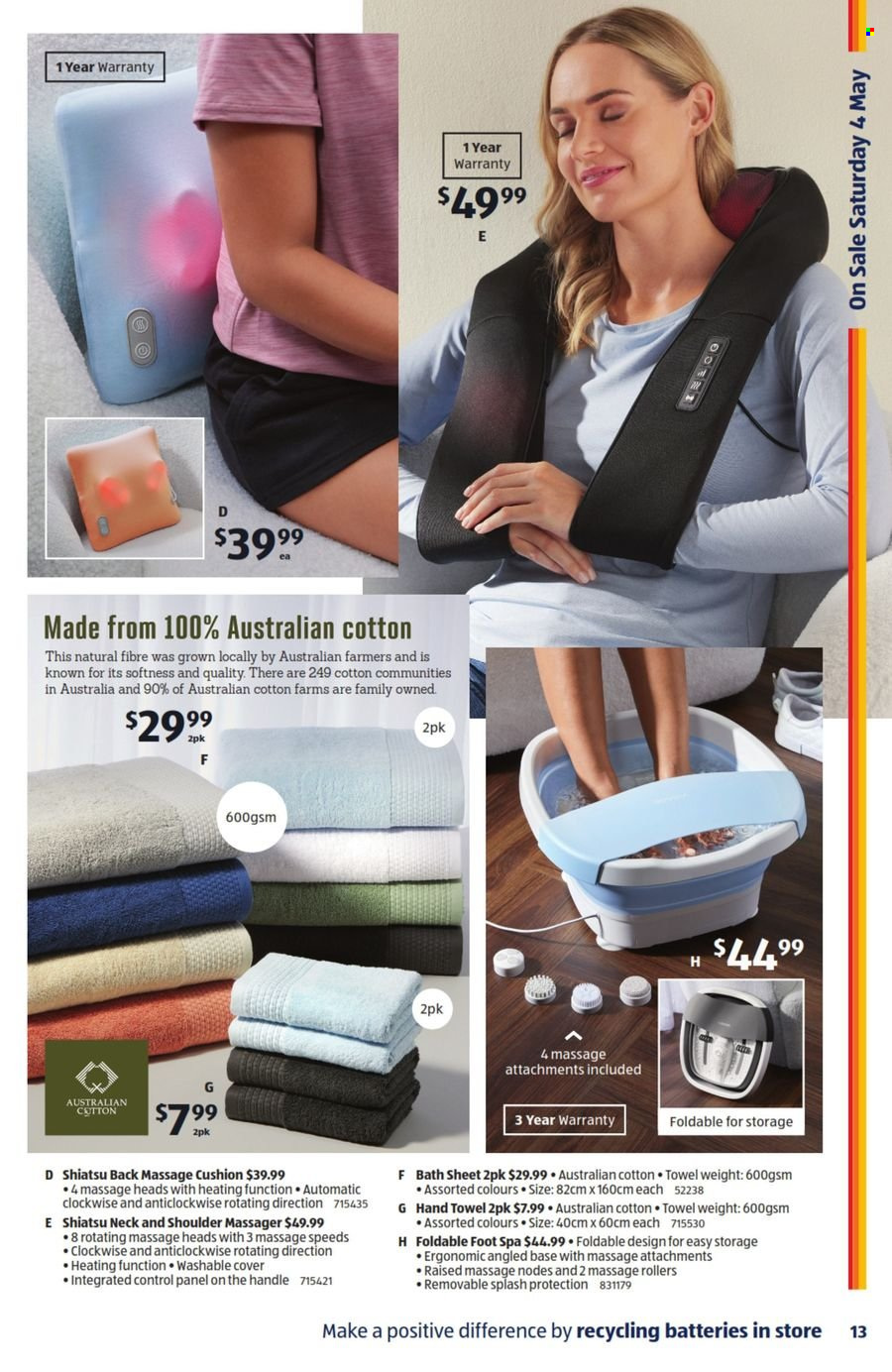 thumbnail - ALDI Catalogue - 1 May 2024 - 7 May 2024 - Sales products - hand towel, cushion, towel, bath sheet, massager, foot spa, massage pillow. Page 13.