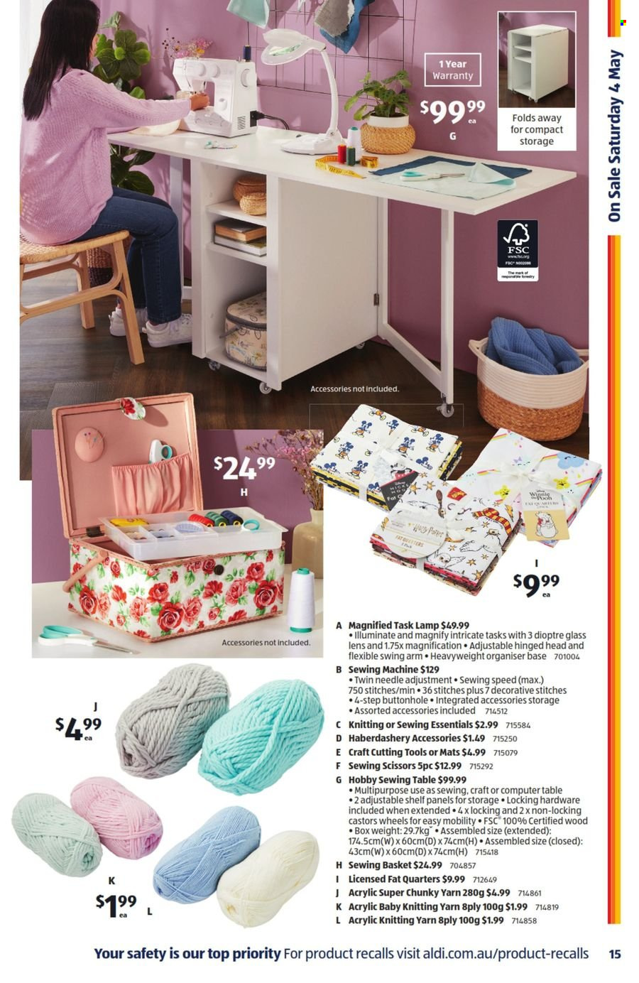 thumbnail - ALDI Catalogue - 1 May 2024 - 7 May 2024 - Sales products - basket, scissors, knitting wool, haberdashery accessories, lens, sewing machine, table, sewing table, lamp, task lamp. Page 15.