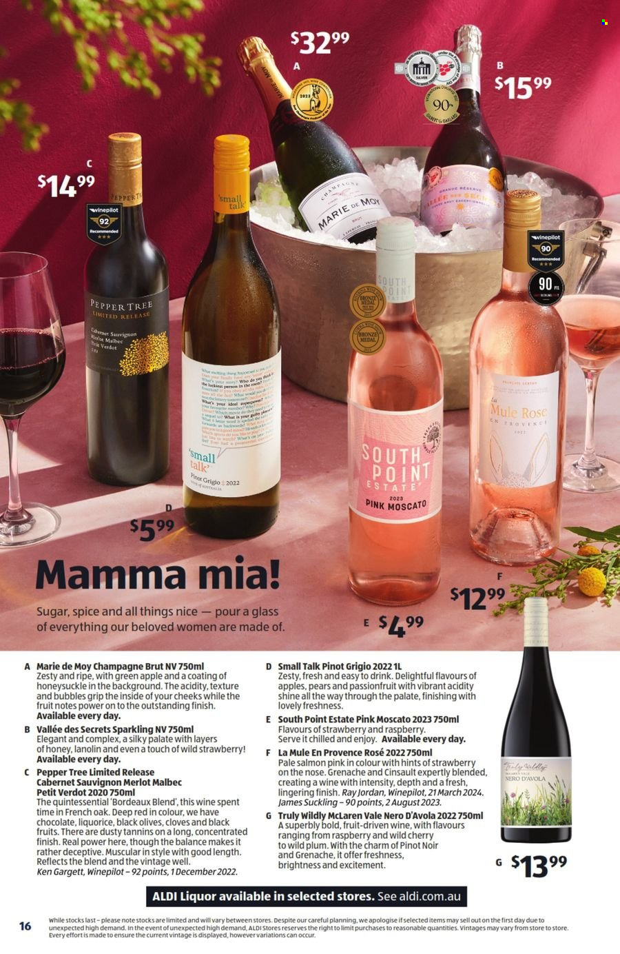 thumbnail - ALDI Catalogue - 1 May 2024 - 7 May 2024 - Sales products - apples, liquorice, sugar, olives, pepper, cloves, spice, Cabernet Sauvignon, red wine, sparkling wine, white wine, champagne, wine, Pinot Noir, alcohol, Moscato, Pinot Grigio, rosé wine, Malbec, Nero d'Avola, Bordeaux, liqueur, liquor, TRULY, Jordan, nutritional supplement. Page 16.