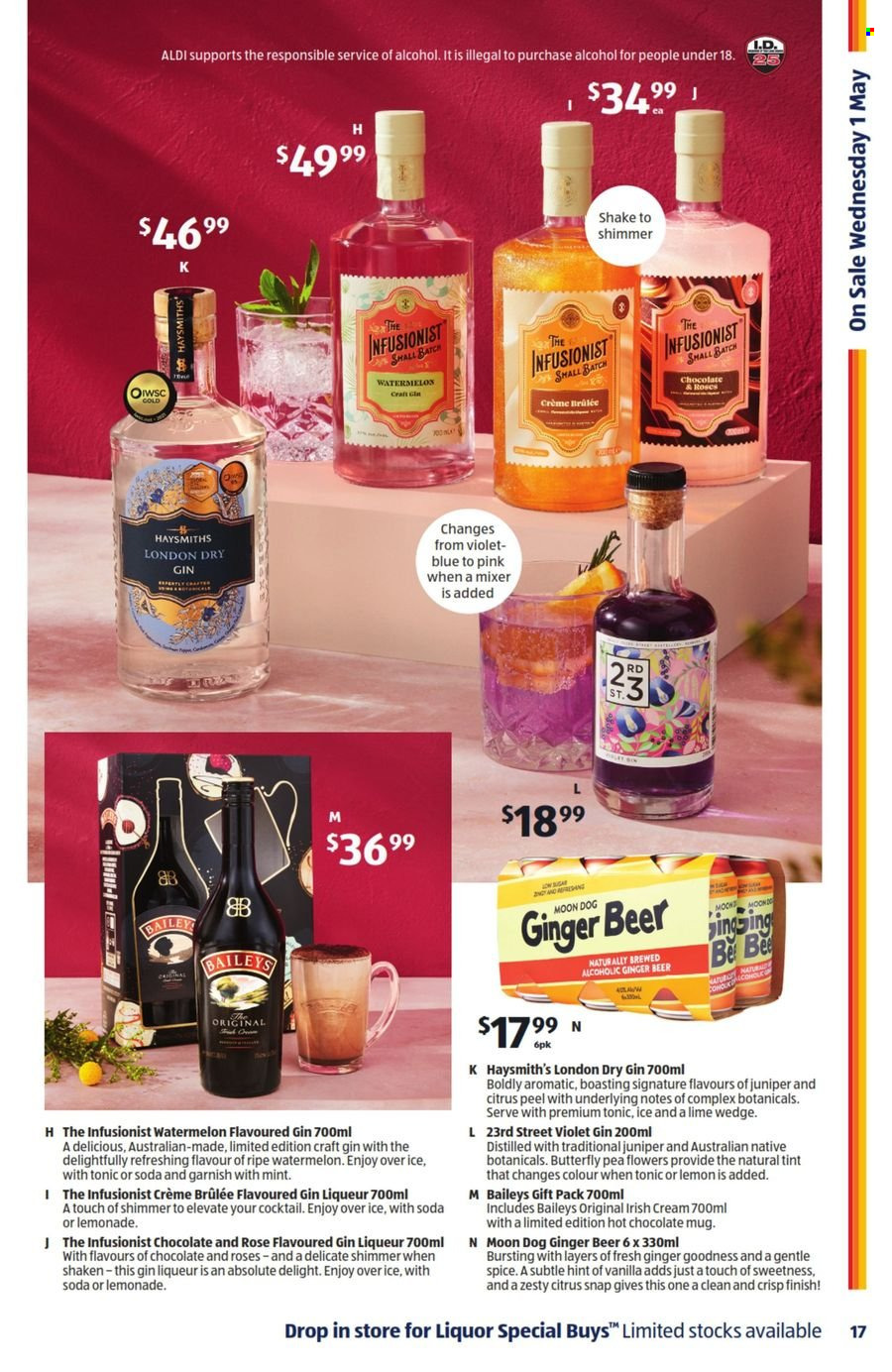 thumbnail - ALDI Catalogue - 1 May 2024 - 7 May 2024 - Sales products - dessert, shake, gift set, spice, Baileys, hot chocolate, cocktail, liqueur, irish cream, liquor, beer, ginger beer, Absolute, mug, mixer, flowers. Page 17.