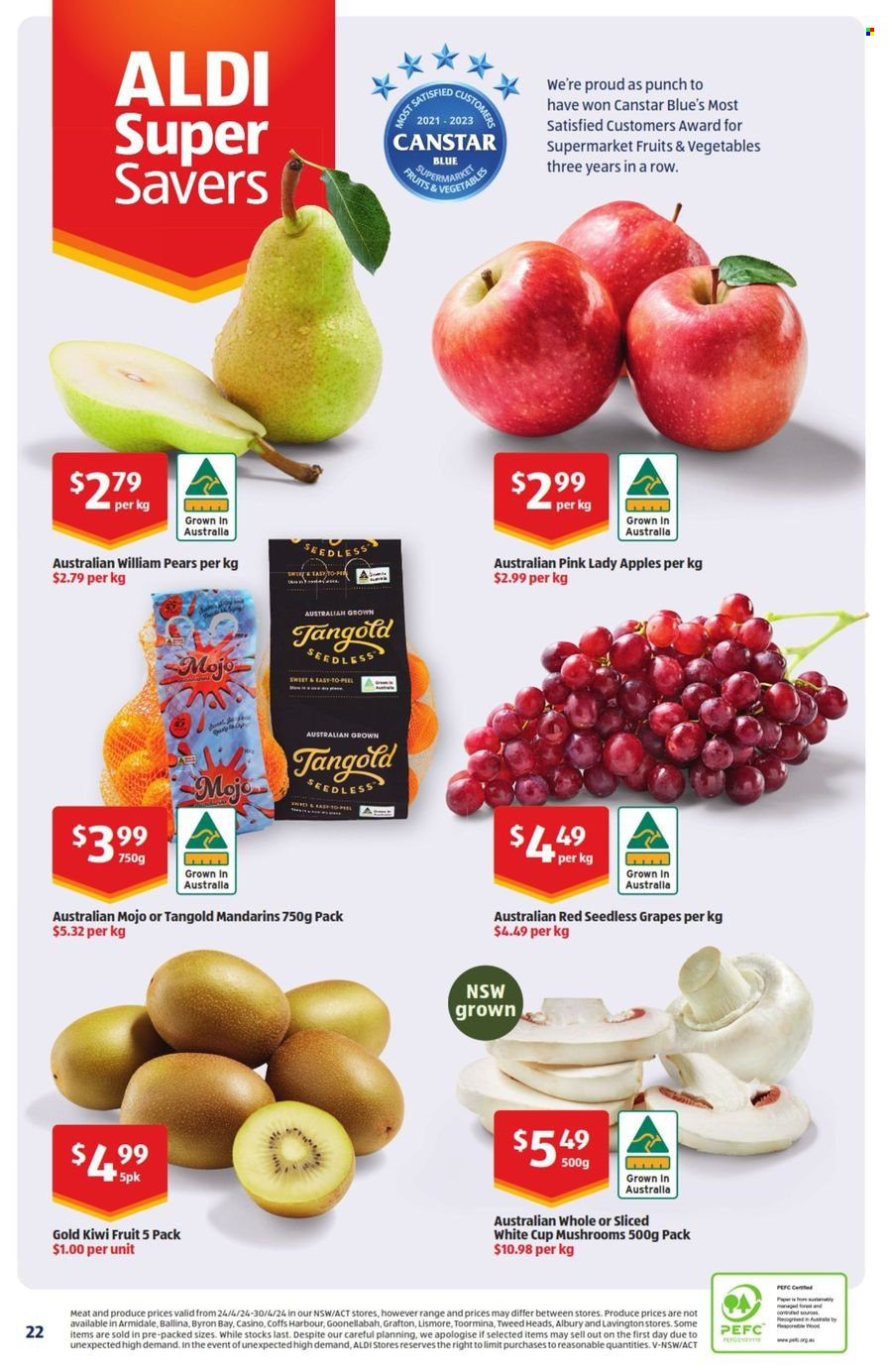 thumbnail - ALDI Catalogue - 1 May 2024 - 7 May 2024 - Sales products - mushrooms, grapes, kiwi, mandarines, seedless grapes, pears, apples, Pink Lady, punch. Page 22.