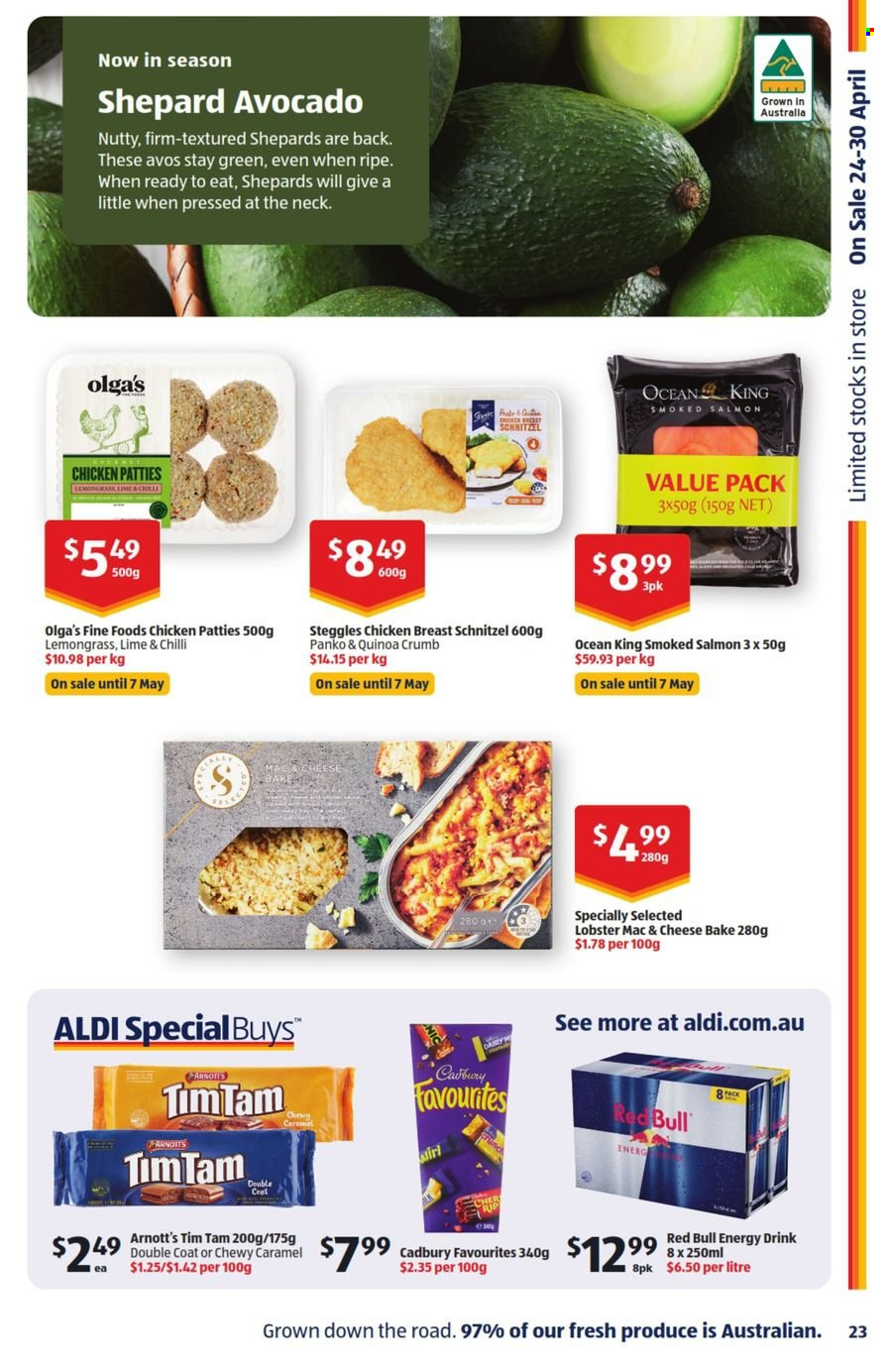thumbnail - ALDI Catalogue - 1 May 2024 - 7 May 2024 - Sales products - avocado, salmon, smoked salmon, macaroni & cheese, schnitzel, ready meal, chicken breasts, chicken patties, Tim Tam, Cadbury, chocolate candies, caramel, energy drink, Red Bull, coat. Page 23.