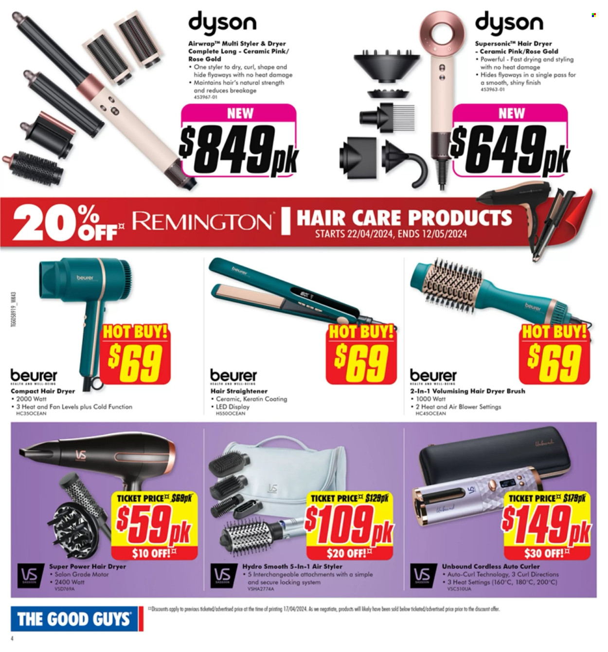 thumbnail - The Good Guys Catalogue - 22 Apr 2024 - 12 May 2024 - Sales products - Beurer, Dyson, Remington, hair dryer, straightener, hair products. Page 4.