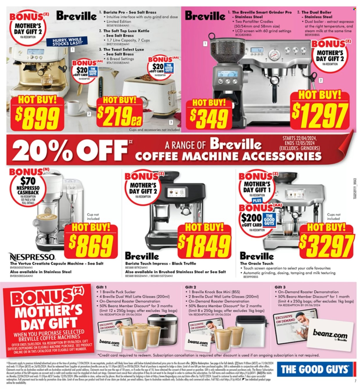 thumbnail - The Good Guys Catalogue - 22 Apr 2024 - 12 May 2024 - Sales products - cup, phone, coffee machine, Nespresso, roaster, kettle, grinder. Page 9.