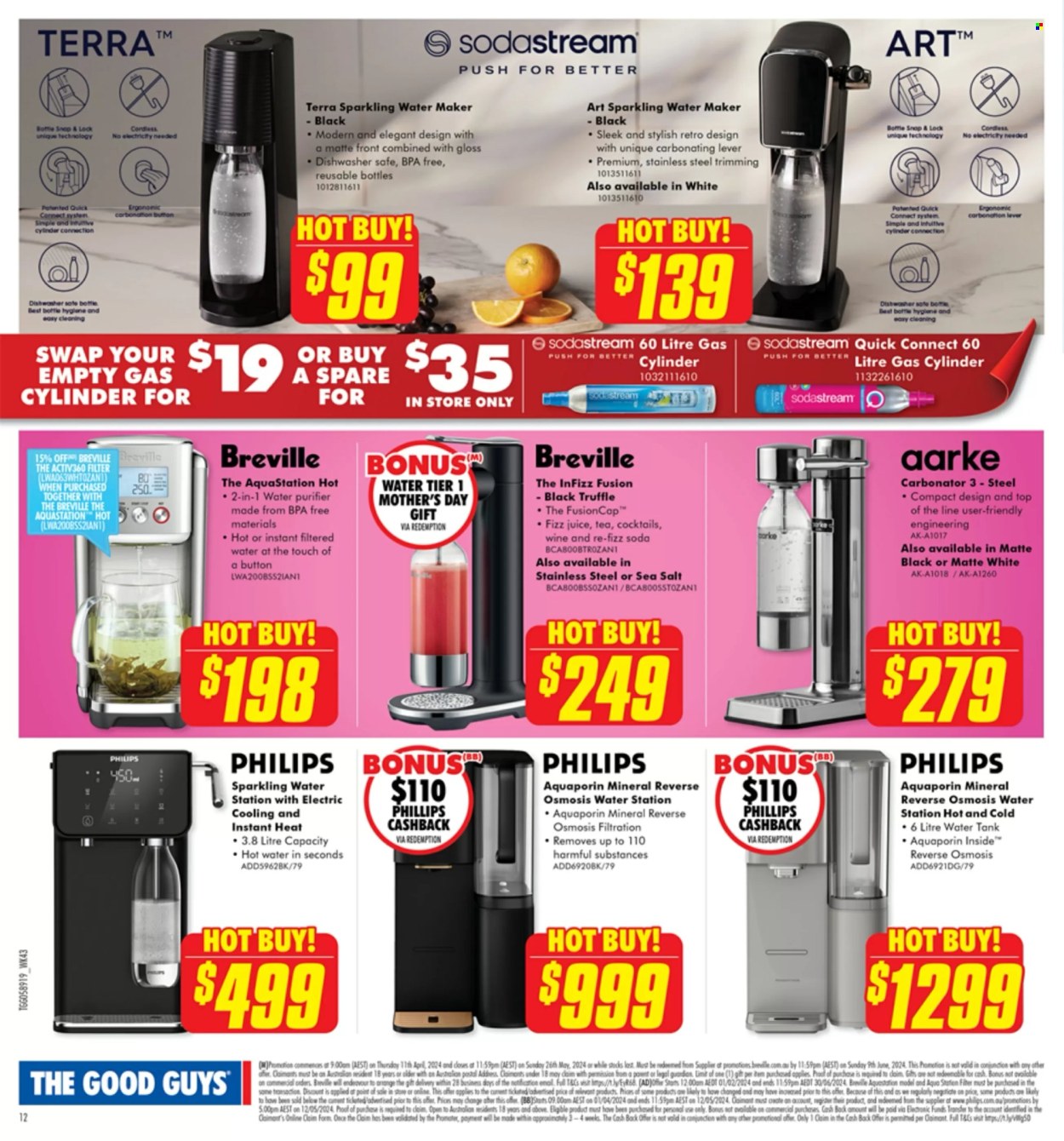 thumbnail - The Good Guys Catalogue - 22 Apr 2024 - 12 May 2024 - Sales products - Philips, sparkling water maker, SodaStream, reusable bottle, water purifier. Page 15.