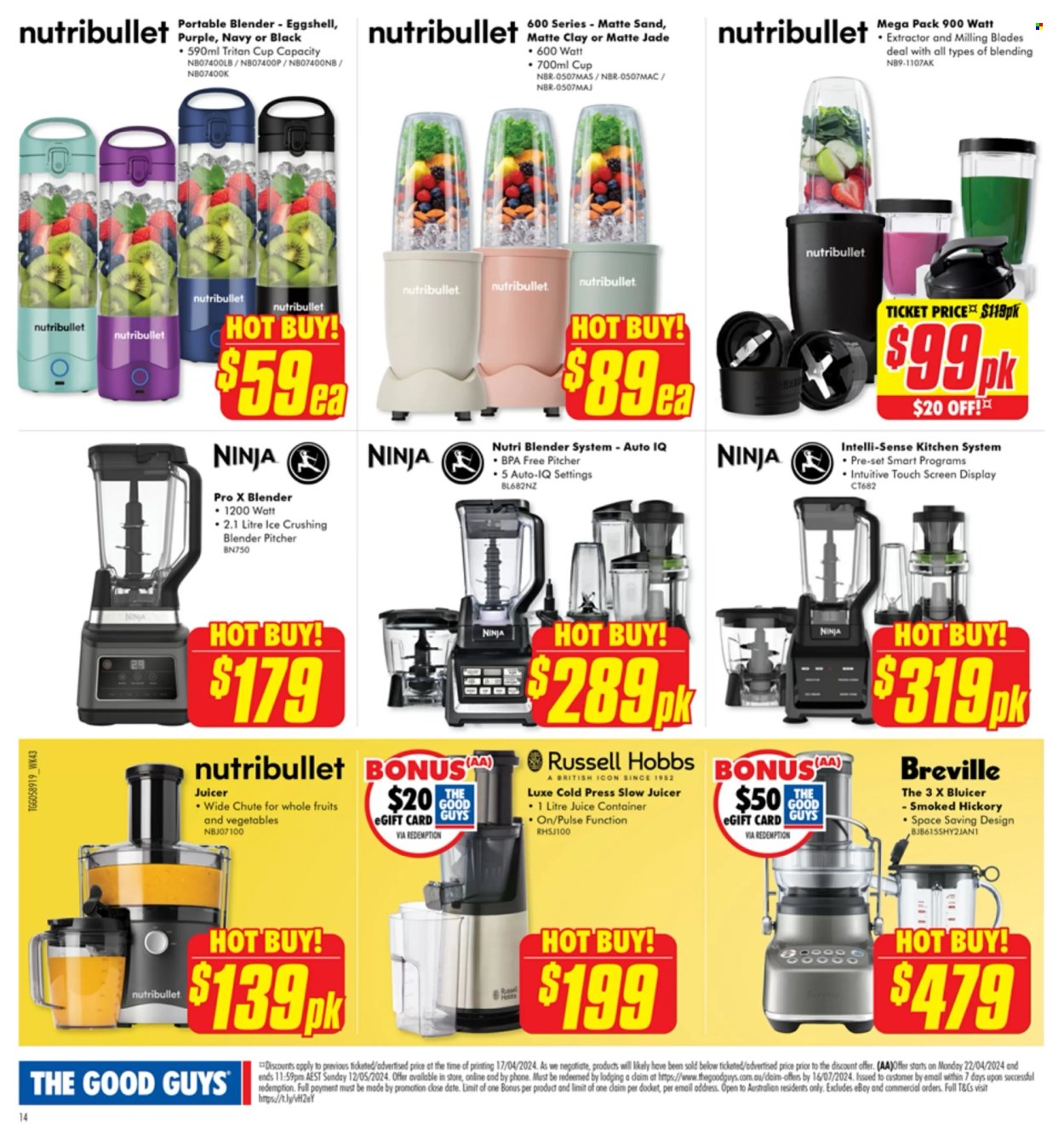 thumbnail - The Good Guys Catalogue - 22 Apr 2024 - 12 May 2024 - Sales products - pitcher, cup, phone, blender, NutriBullet, Russell Hobbs, juicer. Page 17.