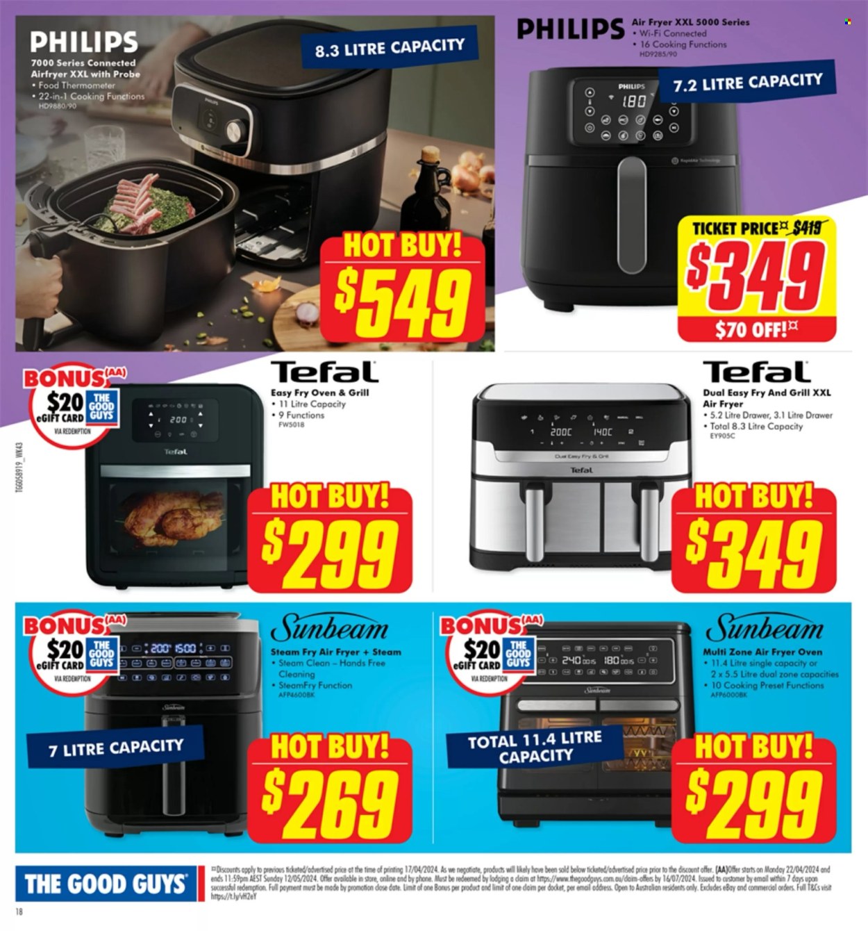 thumbnail - The Good Guys Catalogue - 22 Apr 2024 - 12 May 2024 - Sales products - Tefal, Philips, thermometer, phone, Sunbeam, air fryer, grill. Page 20.