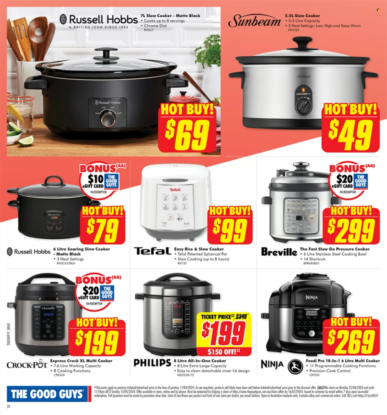 thumbnail - The Good Guys Catalogue - 22 Apr 2024 - 12 May 2024 - Sales products - Tefal, Philips, lid, pot, pressure cooker, bowl, phone, Sunbeam, multifunction cooker, slow cooker, Russell Hobbs. Page 22.