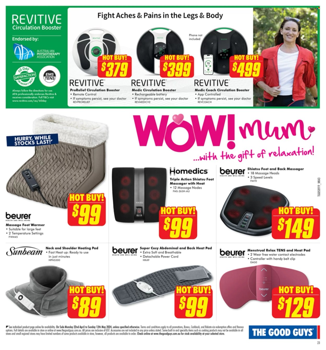 thumbnail - The Good Guys Catalogue - 22 Apr 2024 - 12 May 2024 - Sales products - Beurer, rechargeable battery, remote control, Sunbeam, massager, foot massager, Revitive, heating pad, foot warmer. Page 25.