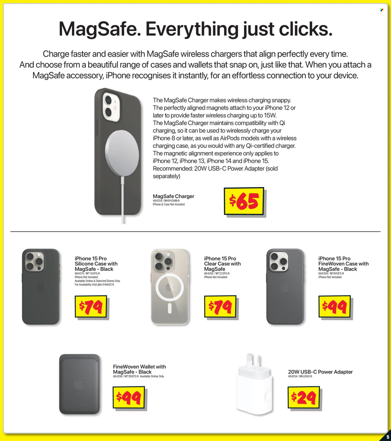 thumbnail - JB Hi-Fi Catalogue - 24 Apr 2024 - 15 May 2024 - Sales products - Apple, iPhone, iPhone 8, iPhone 12, iPhone 13, smartphone, Airpods, earbuds, adapter, wallet. Page 5.