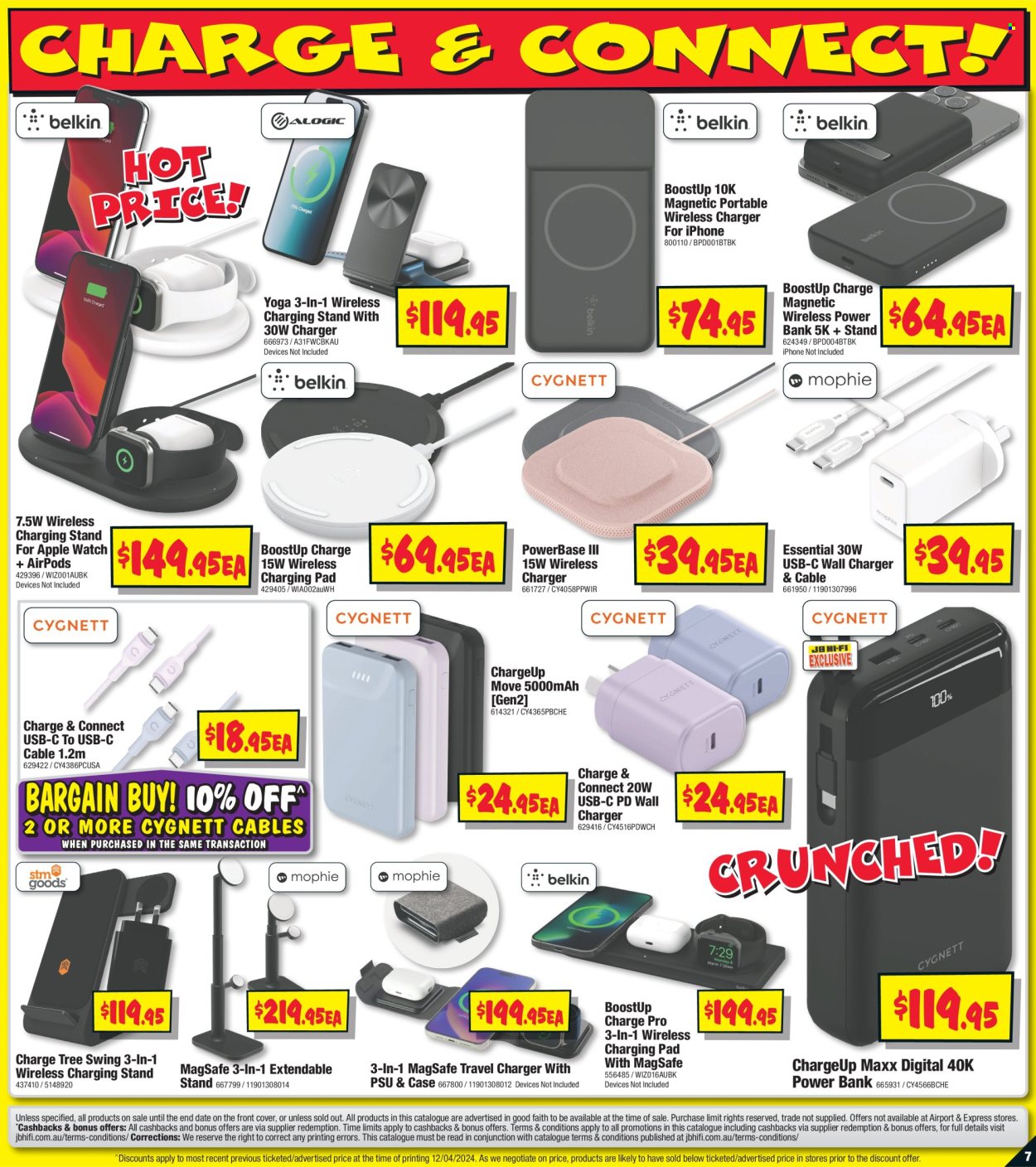 thumbnail - JB Hi-Fi Catalogue - 24 Apr 2024 - 15 May 2024 - Sales products - wall charger, smartphone, charging stand, power bank, wireless charger, usb cable, Apple Watch, smart watch, Airpods, earbuds, watch. Page 7.
