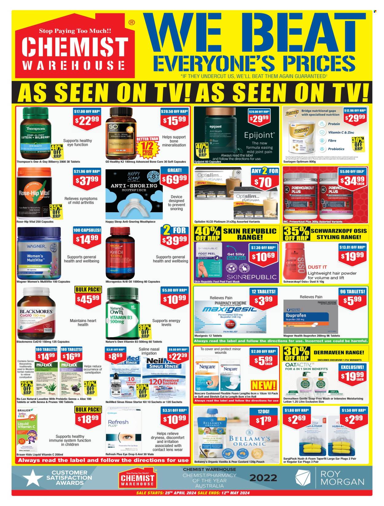 thumbnail - Chemist Warehouse Catalogue - 25 Apr 2024 - 12 May 2024 - Sales products - Schwarzkopf, soap, foot care, foot mask, vitamin c, Ibuprofen, eye drops, Nature's Own, laxative, Thompson's, Blackmores, Optislim, medicine, pain therapy. Page 3.