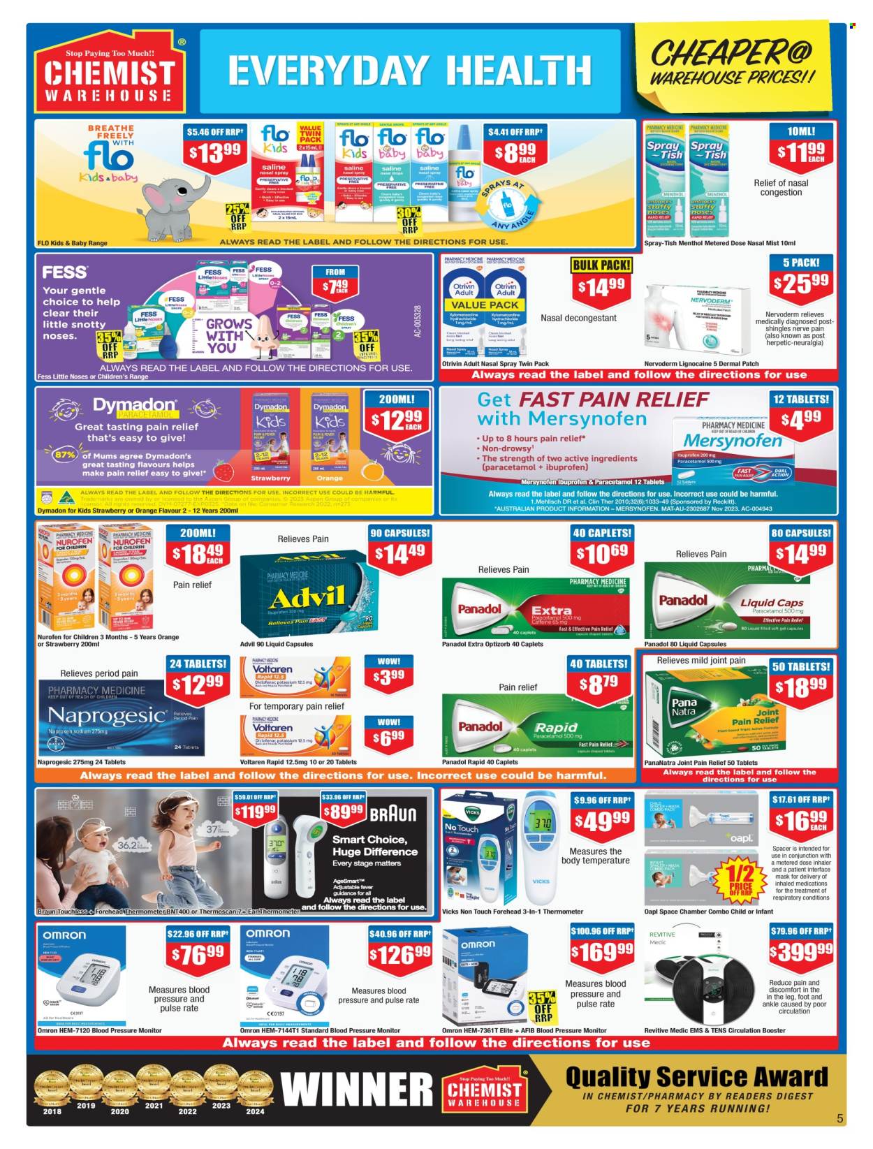 thumbnail - Chemist Warehouse Catalogue - 25 Apr 2024 - 12 May 2024 - Sales products - Vicks, thermometer, pain relief, Ibuprofen, Advil Rapid, Nurofen, nasal spray, Panadol, Voltaren, pain therapy, Omron, pressure monitor, Revitive, Advanced Circulation Booster, inhaler. Page 5.