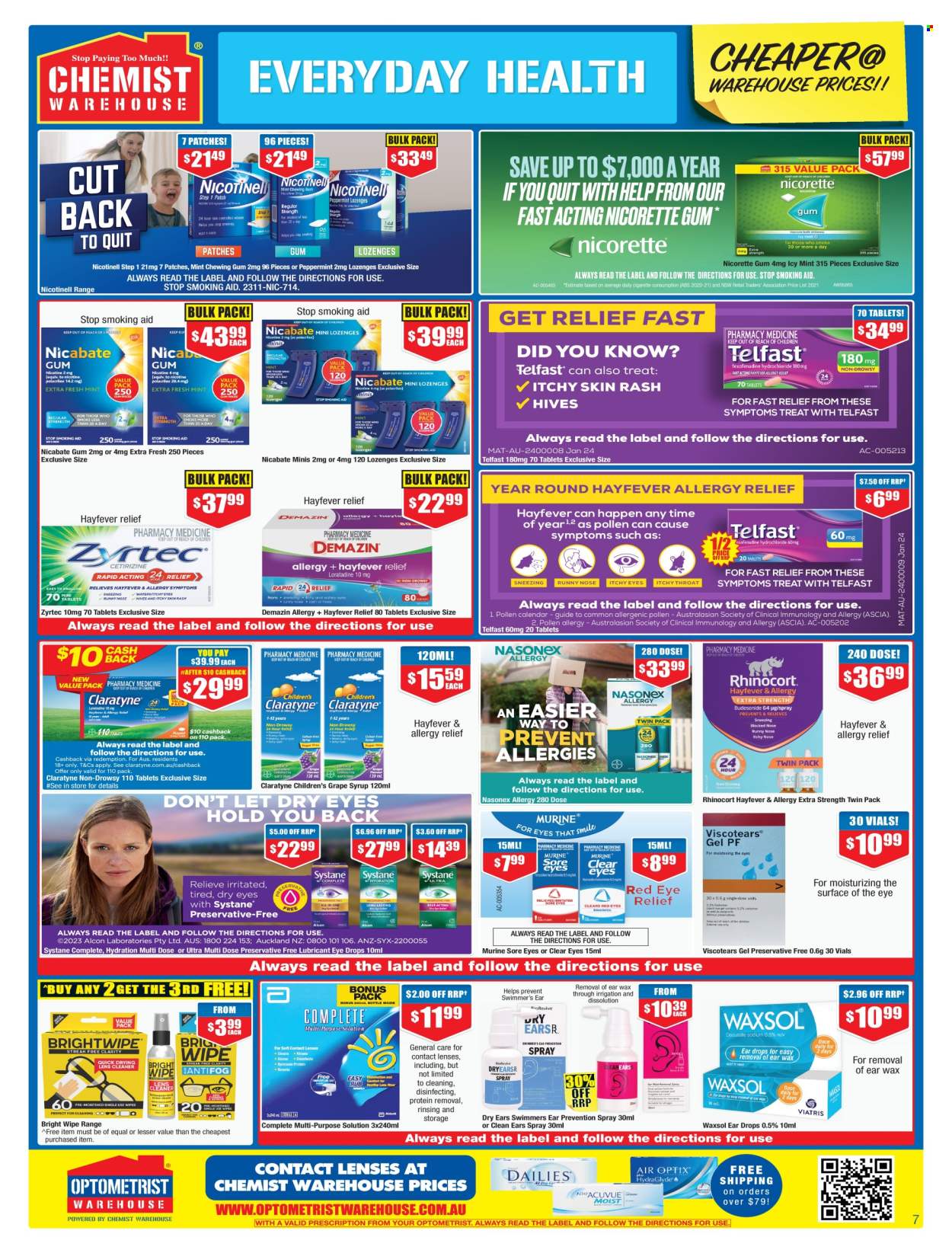 thumbnail - Chemist Warehouse Catalogue - 25 Apr 2024 - 12 May 2024 - Sales products - lubricant, Nicorette, nicotine therapy, Systane, Zyrtec, eye drops, syrup, zinc, Nicorette Gum, Claratyne, allergy relief, Telfast, hayfever relief, lenses, contact lenses, contact lens solution. Page 7.