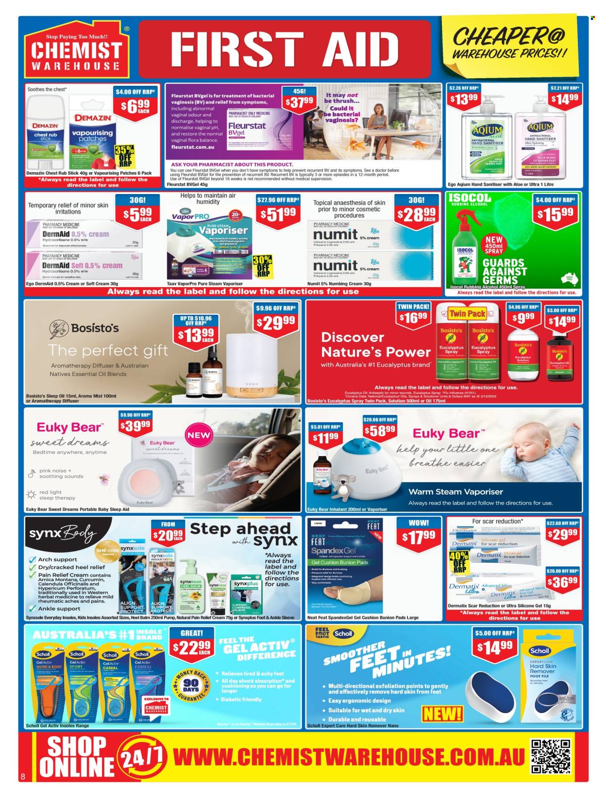 thumbnail - Chemist Warehouse Catalogue - 25 Apr 2024 - 12 May 2024 - Sales products - Dr. Scholl's, pads, pump, pain relief, sleep aid product, pain therapy, eucalyptus spray. Page 8.