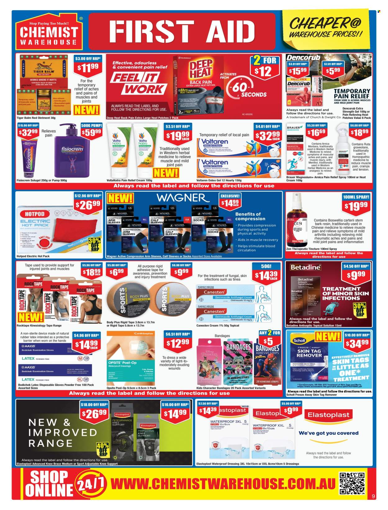 thumbnail - Chemist Warehouse Catalogue - 25 Apr 2024 - 12 May 2024 - Sales products - Dr. Scholl's, ointment, pain relief, magnesium, Betadine, Fisiocrem, Voltaren, medicine, pain therapy, gloves, disposable gloves, brace, body tape. Page 9.