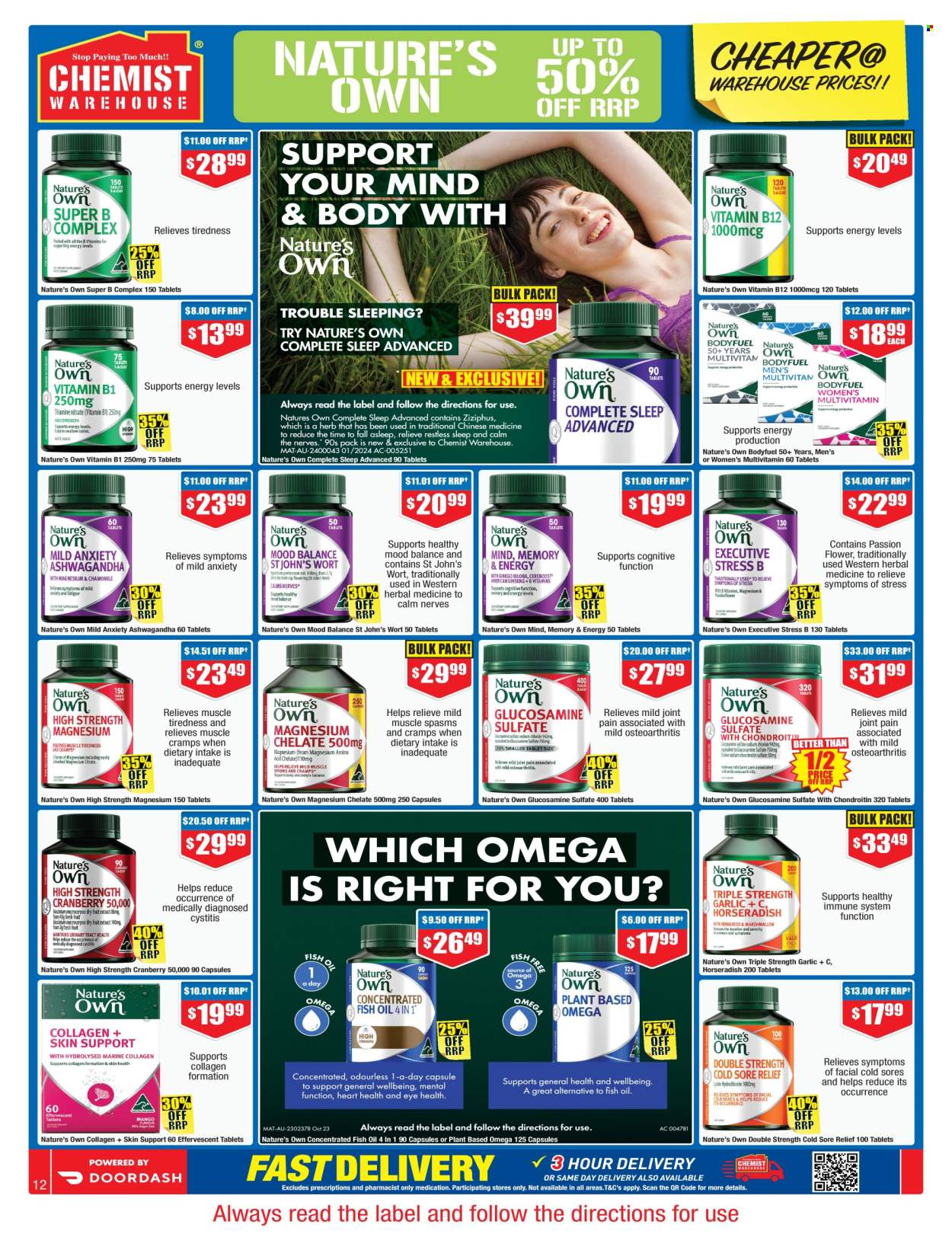thumbnail - Chemist Warehouse Catalogue - 25 Apr 2024 - 12 May 2024 - Sales products - fish oil, glucosamine, magnesium, multivitamin, horseradish, vitamin B12, Nature's Own, B-complex supplements, health supplement, medicine. Page 12.