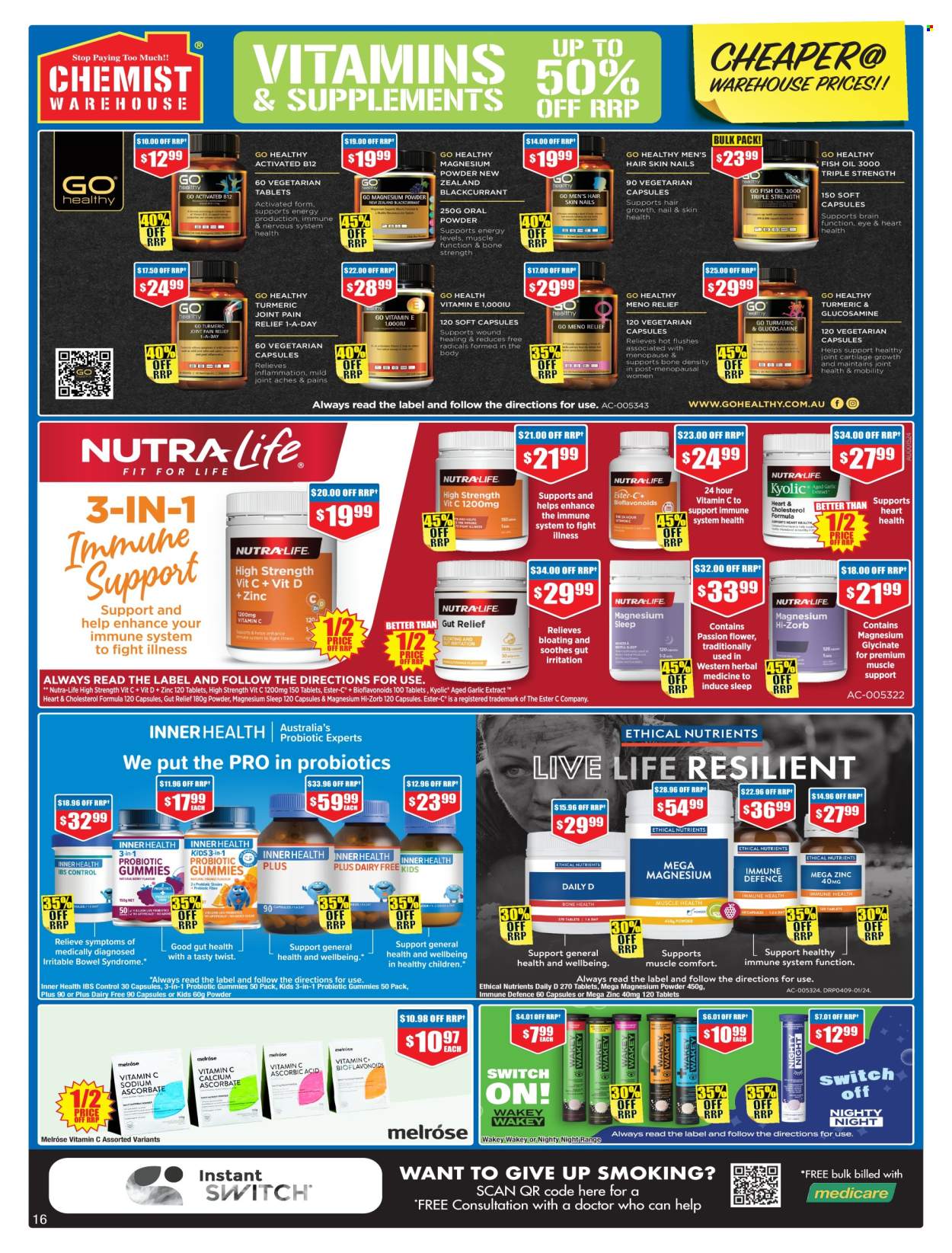 thumbnail - Chemist Warehouse Catalogue - 25 Apr 2024 - 12 May 2024 - Sales products - pain relief, fish oil, glucosamine, magnesium, vitamin c, probiotics, zinc, dietary supplement, Ethical Nutrients, vitamins. Page 16.