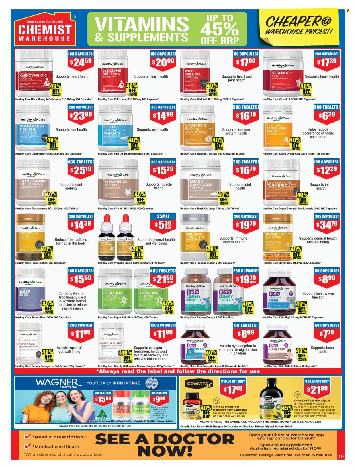 thumbnail - Chemist Warehouse Catalogue - 25 Apr 2024 - 12 May 2024 - Sales products - royal jelly, calcium, fish oil, glucosamine, vitamin c, Omega-3, pastilles, spirulina, vitamin D3, dietary supplement, medicine, vitamins. Page 19.