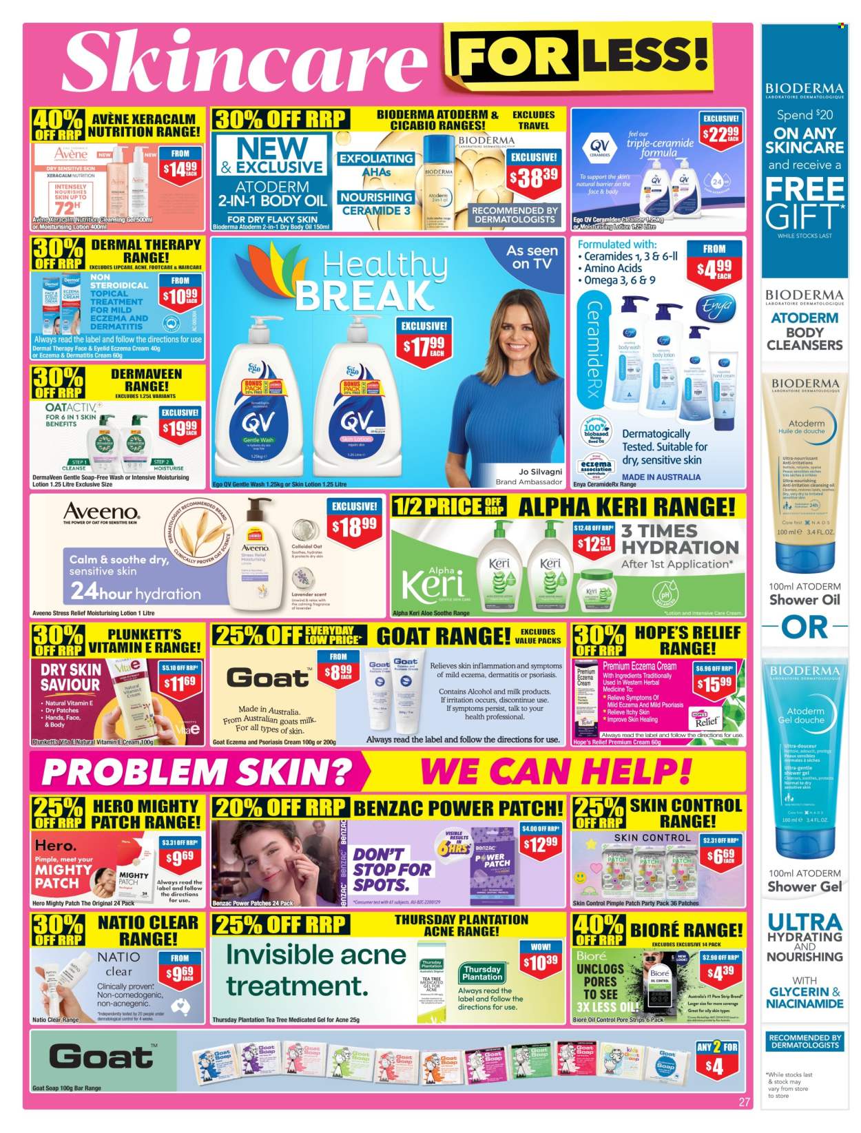 thumbnail - Chemist Warehouse Catalogue - 25 Apr 2024 - 12 May 2024 - Sales products - Aveeno, soap, Keri, intimate wash, cleanser, Bioré®, acne care, body lotion, body oil. Page 27.