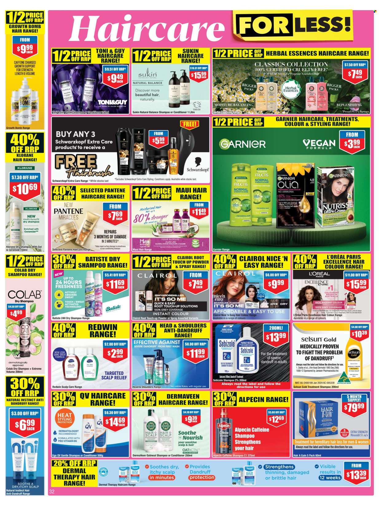 thumbnail - Chemist Warehouse Catalogue - 25 Apr 2024 - 12 May 2024 - Sales products - Gain, shampoo, Schwarzkopf, hair products, Garnier, L’Oréal, Root Touch-Up, Clairol, conditioner, Head & Shoulders, Pantene, hair color, Toni & Guy, Herbal Essences, Klorane, Sukin, dry shampoo. Page 32.