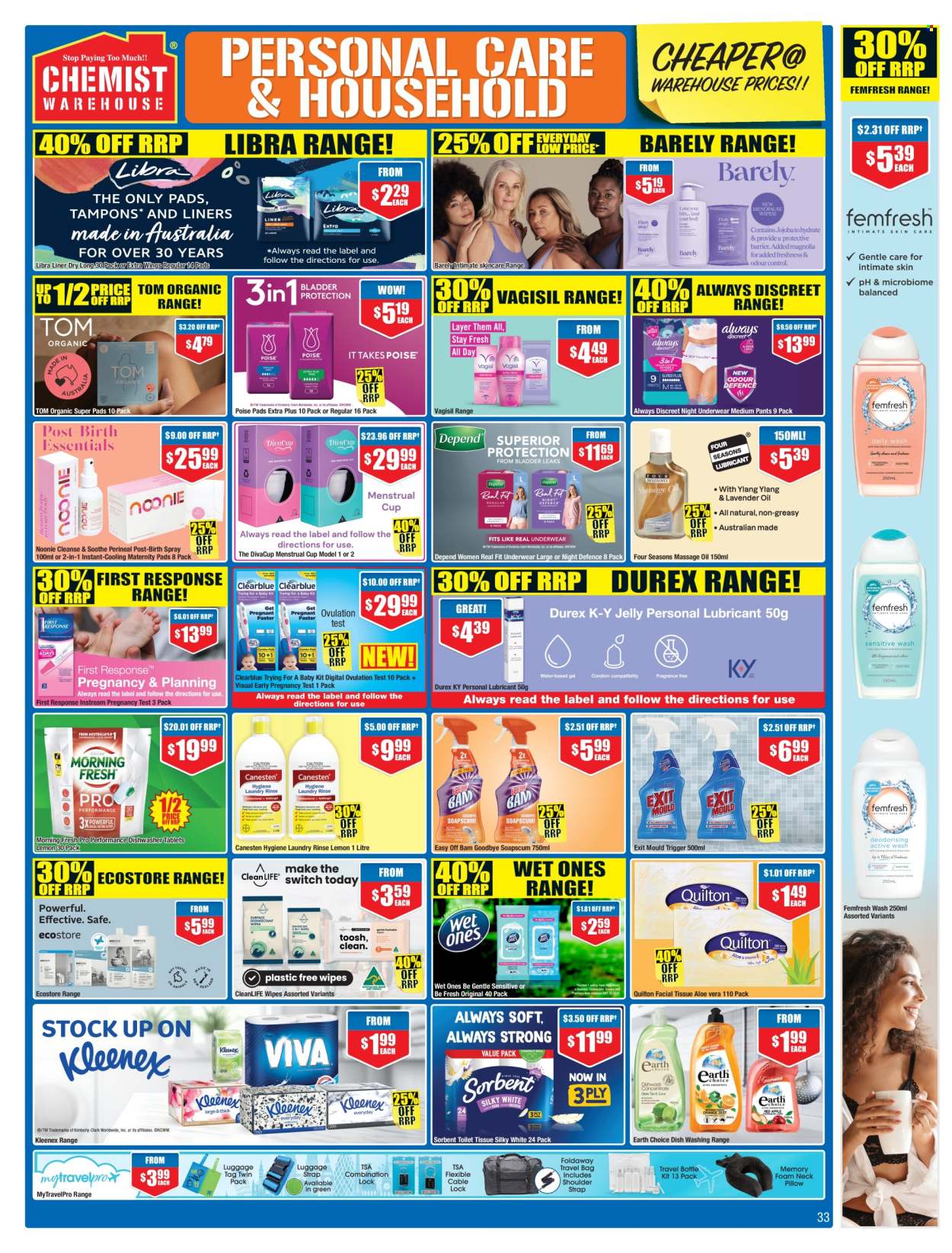 thumbnail - Chemist Warehouse Catalogue - 25 Apr 2024 - 12 May 2024 - Sales products - wipes, pants, Kleenex, toilet paper, Quilton, pads, dishwasher tablets, sanitary pads, Always Discreet, Poise, menstrual cup, feminine care product, facial tissues, massage oil, lubricant, pregnancy test, ovulation strip, incontinence care. Page 33.
