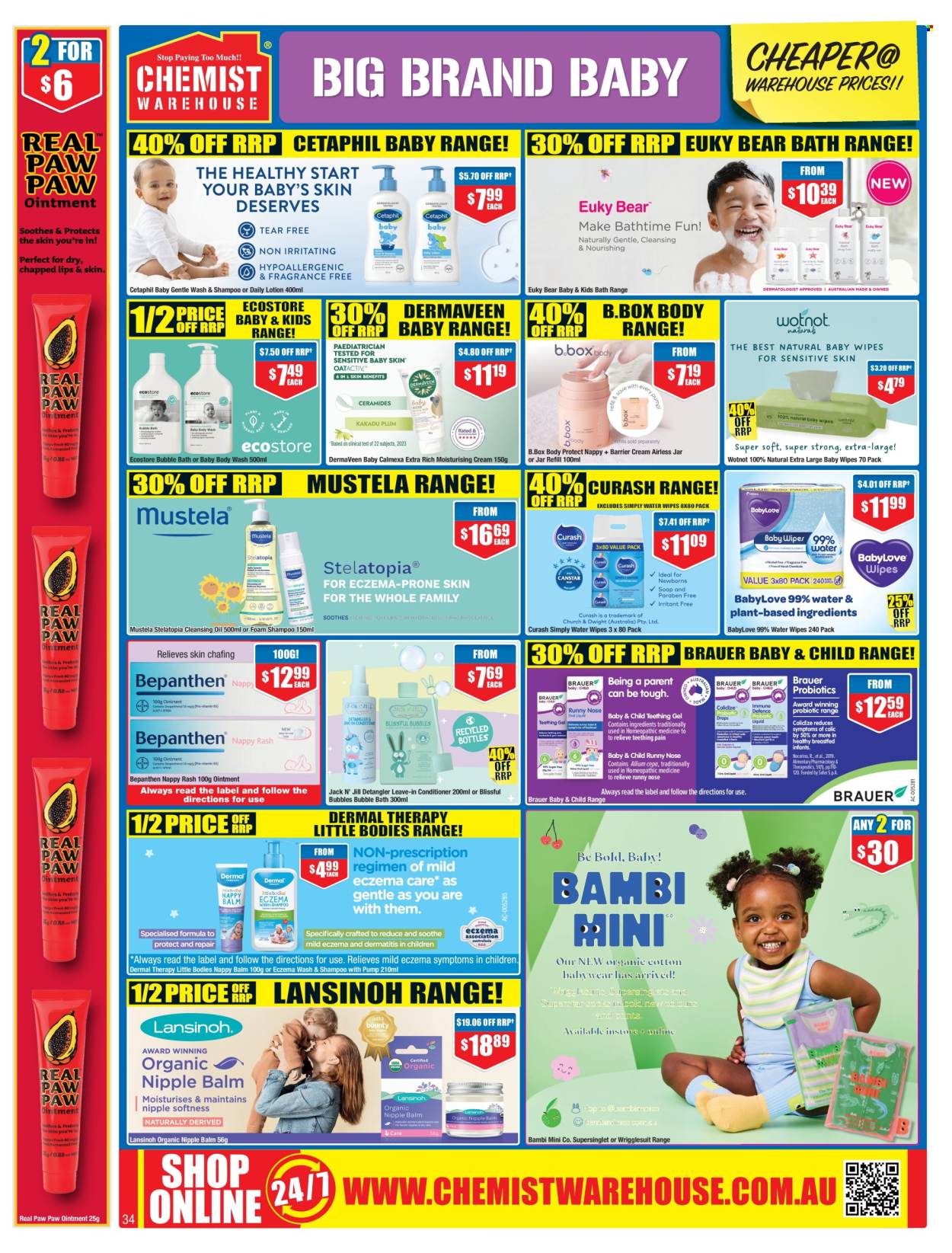 thumbnail - Chemist Warehouse Catalogue - 25 Apr 2024 - 12 May 2024 - Sales products - wipes, baby wipes, BabyLove, ointment, body wash, bubble bath, shampoo, Cetaphil, conditioner, probiotics, medicine. Page 34.