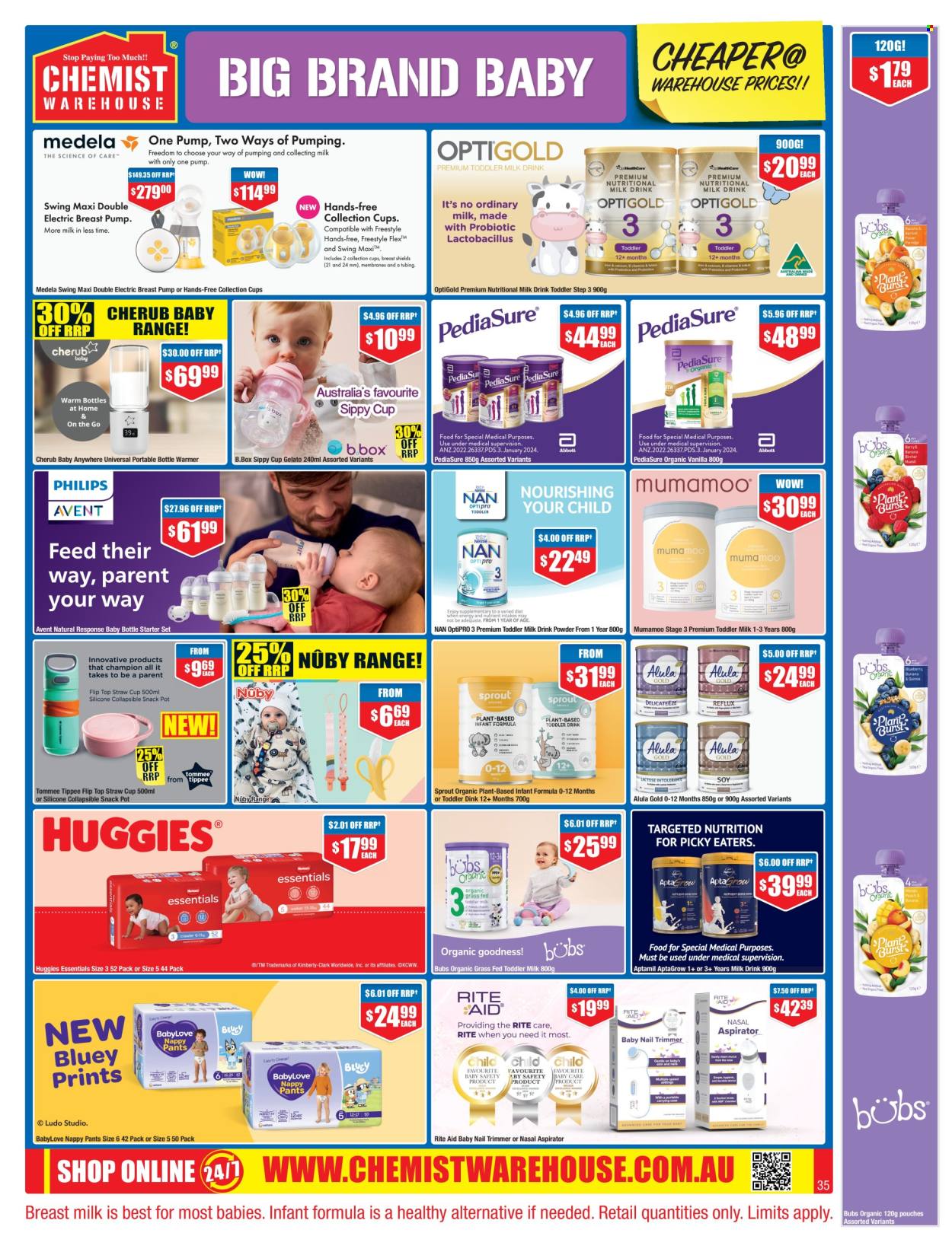 thumbnail - Chemist Warehouse Catalogue - 25 Apr 2024 - 12 May 2024 - Sales products - Huggies, pants, nappies, BabyLove, nail trimmer, breast pump, baby bottle, health supplement. Page 35.