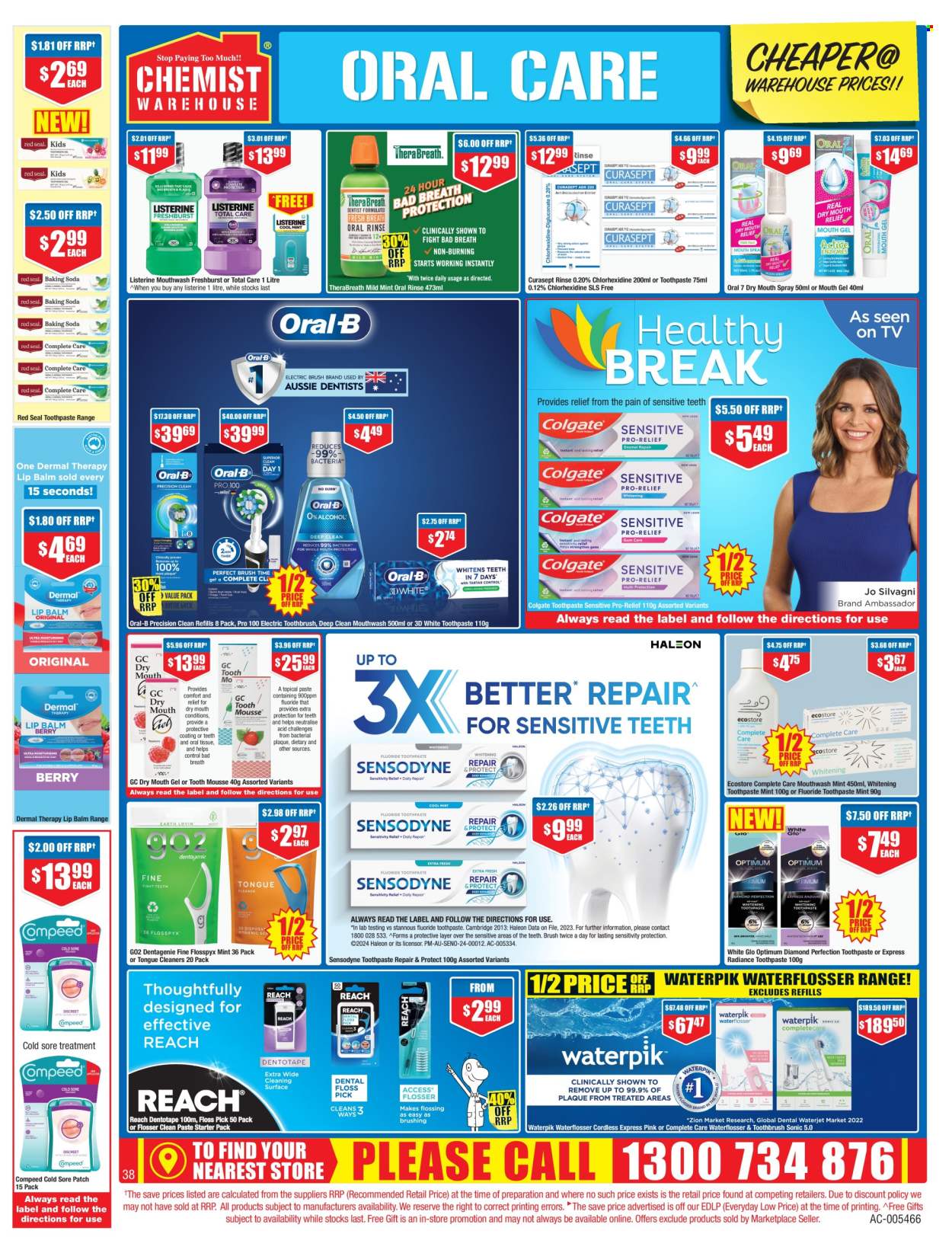 thumbnail - Chemist Warehouse Catalogue - 25 Apr 2024 - 12 May 2024 - Sales products - tissues, cleaner, Colgate, Listerine, toothbrush, Oral-B, toothpaste, Sensodyne, mouthwash, toothbrush head, teeth whitening, flosser, waterflosser, mouth spray, lip balm, mousse, sore treatment. Page 38.