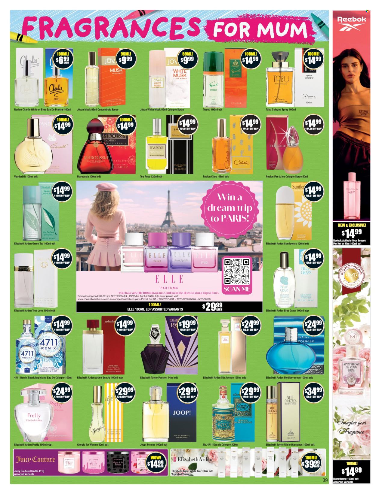 thumbnail - Chemist Warehouse Catalogue - 25 Apr 2024 - 12 May 2024 - Sales products - Reebok, Revlon, eau de parfum, eau de toilette, Elizabeth Arden, cologne, fragrance, Joop!, Mum. Page 39.