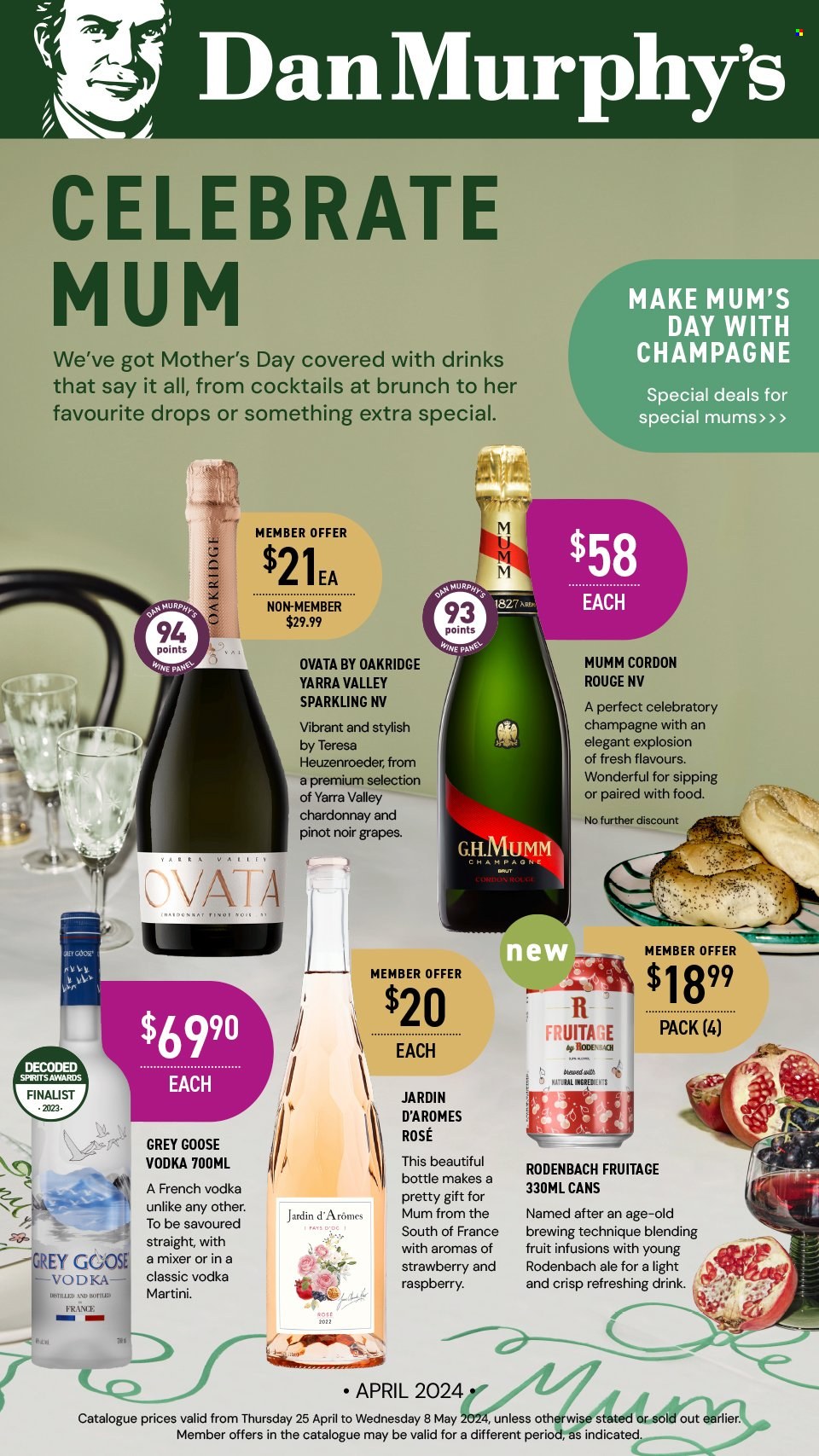thumbnail - Dan Murphy's Catalogue - 25 Apr 2024 - 8 May 2024 - Sales products - cocktail, red wine, sparkling wine, champagne, Chardonnay, wine, alcohol, Mumm Cordon Rouge, rosé wine, vodka, Martini. Page 1.