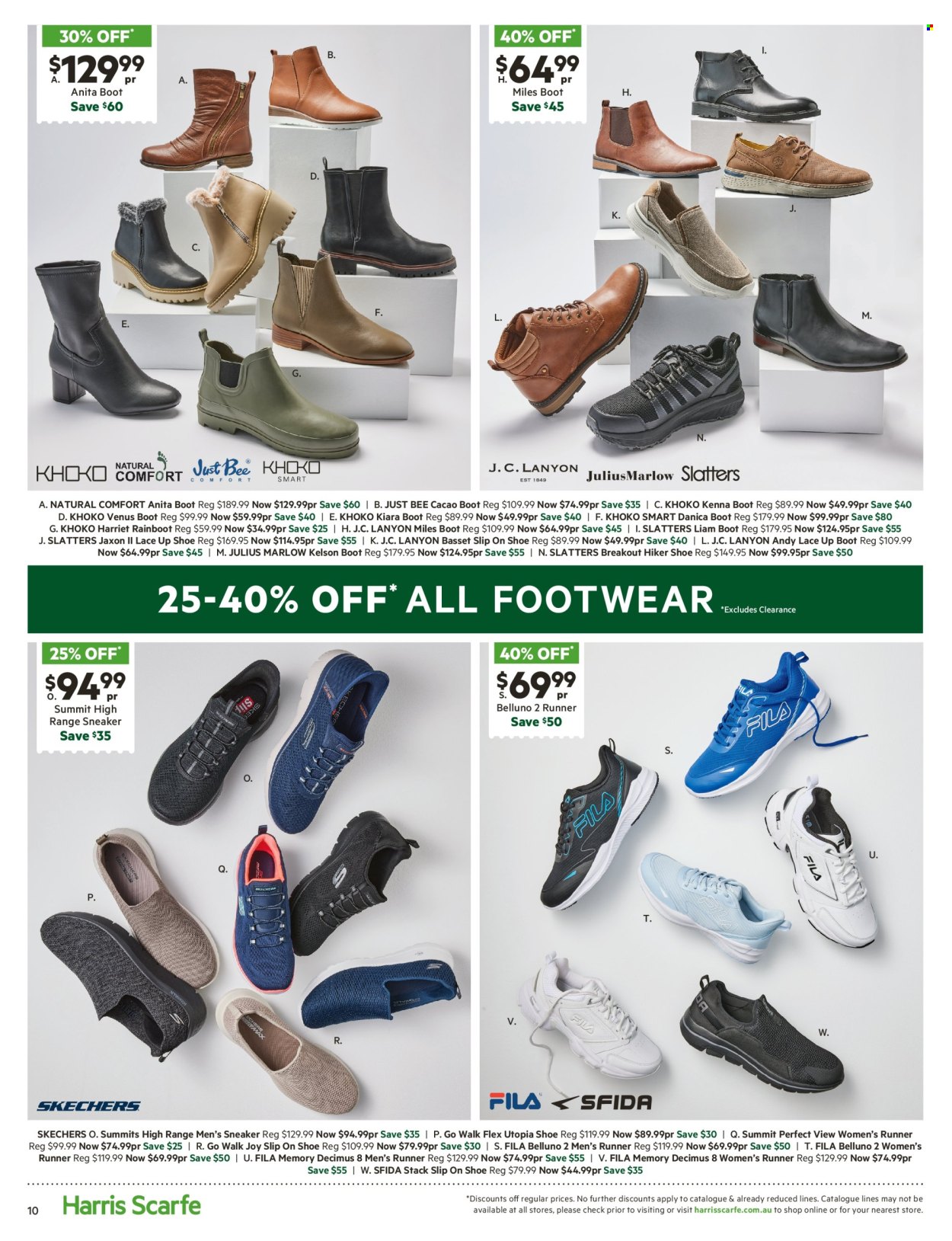 thumbnail - Harris Scarfe Catalogue - Sales products - boots, Fila, shoes, sneakers, Skechers, Khoko, Julius Marlow, Slatters. Page 10.