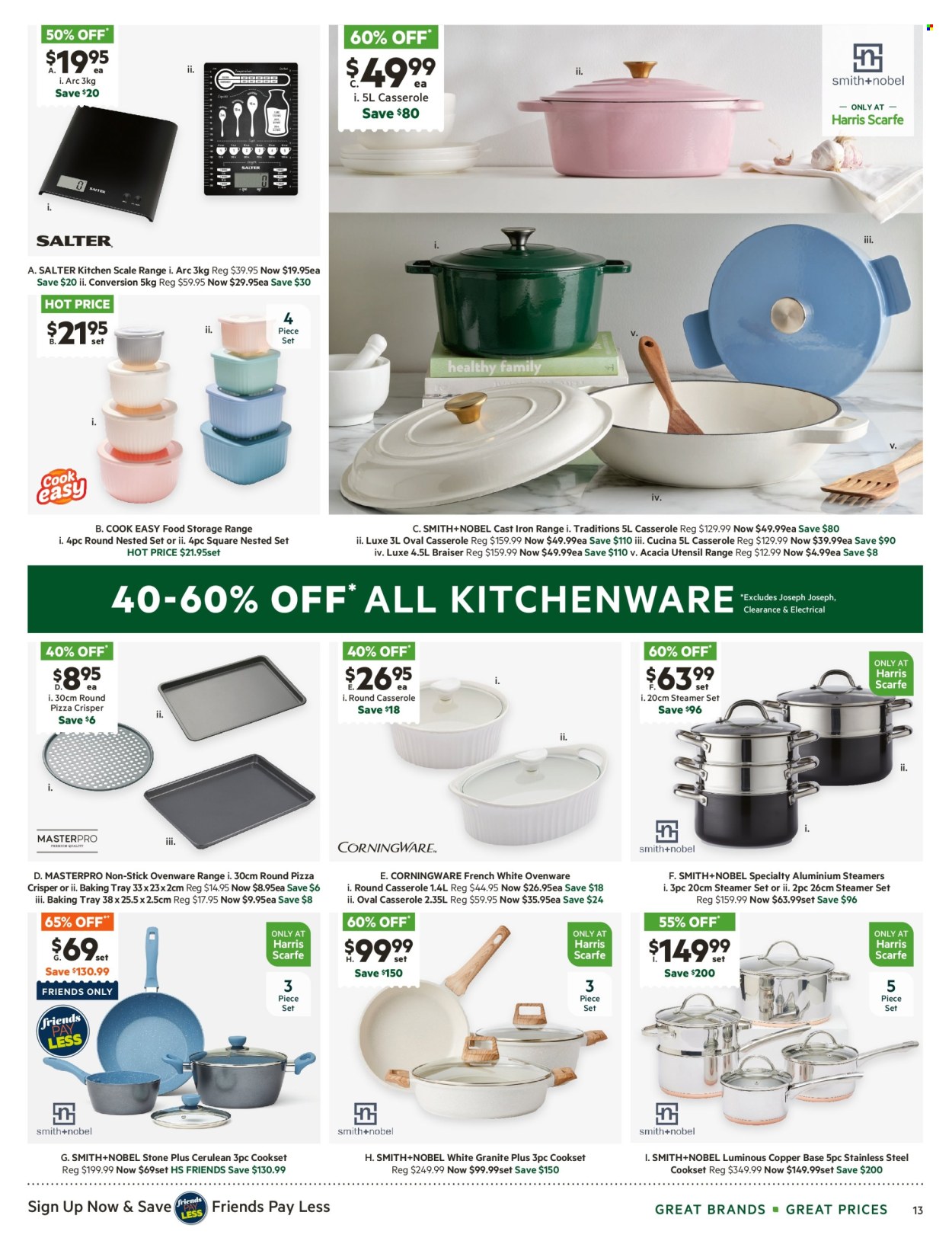 thumbnail - Harris Scarfe Catalogue - Sales products - scale, tray, utensils, casserole, baking tray, kitchen scale, Smith+Nobel, kitchenware, meal box. Page 13.