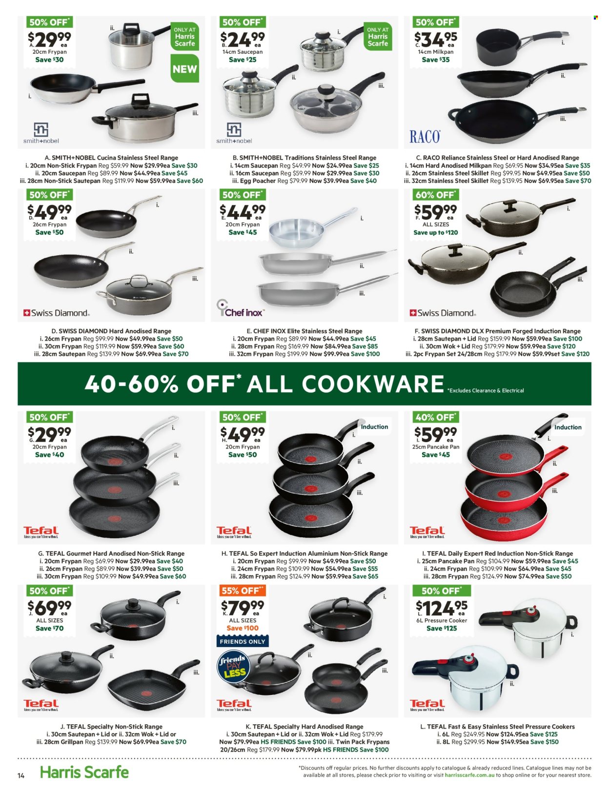 thumbnail - Harris Scarfe Catalogue - Sales products - Tefal, cookware set, lid, pressure cooker, pan, wok, saucepan, frying pan, Smith+Nobel, eggs. Page 14.