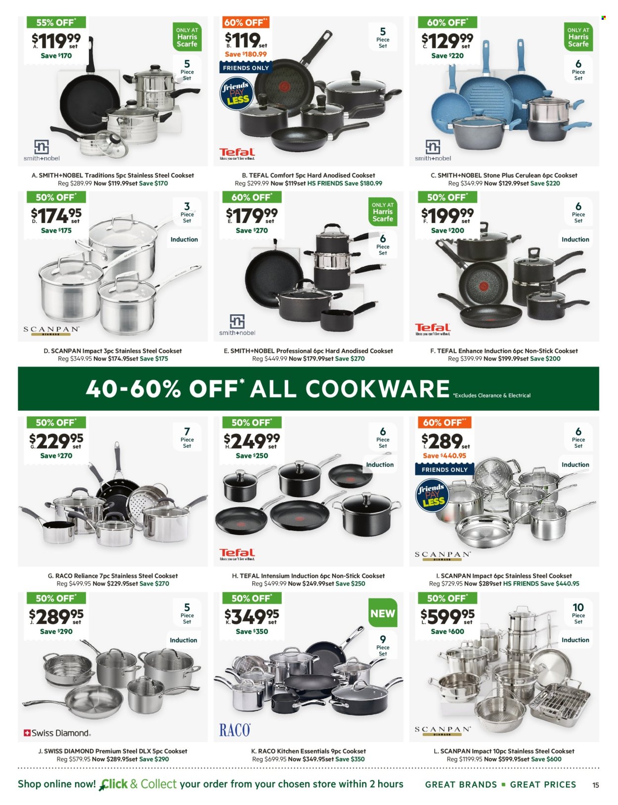 thumbnail - Harris Scarfe Catalogue - Sales products - Tefal, cookware set, Smith+Nobel. Page 15.