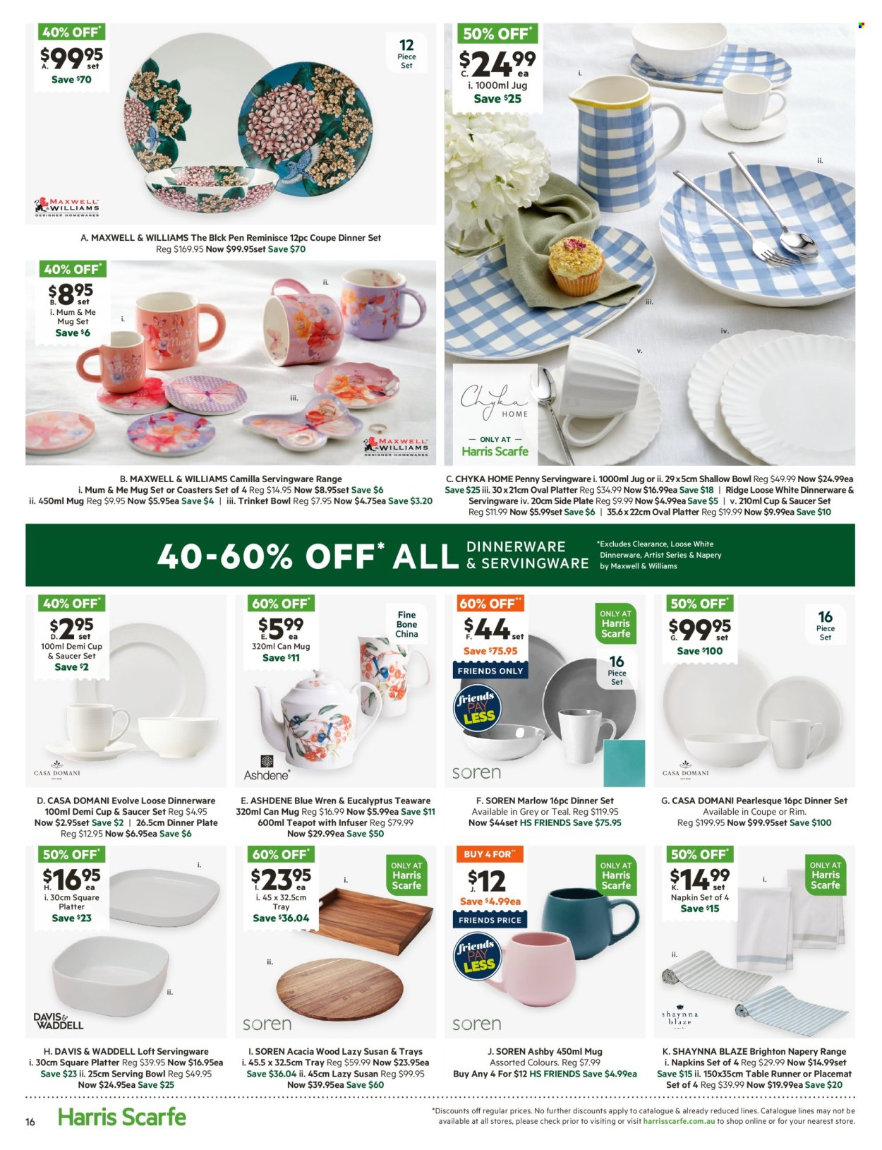 thumbnail - Harris Scarfe Catalogue - Sales products - dinnerware set, mug, teapot, tray, plate, saucer, cup, dinner plate, serving bowl, bowl, platters, serving tray, coasters, pen, table runner, napkins, placemat. Page 16.