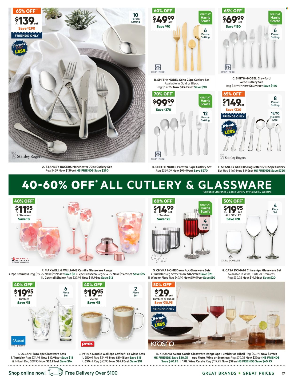 thumbnail - Harris Scarfe Catalogue - Sales products - glassware set, tumbler, cutlery set, shaker, Smith+Nobel, Pyrex, carafe, flute. Page 17.