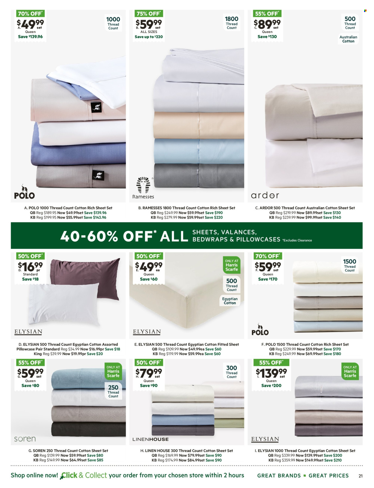thumbnail - Harris Scarfe Catalogue - Sales products - bedding, linens, pillowcase, bed sheet. Page 21.