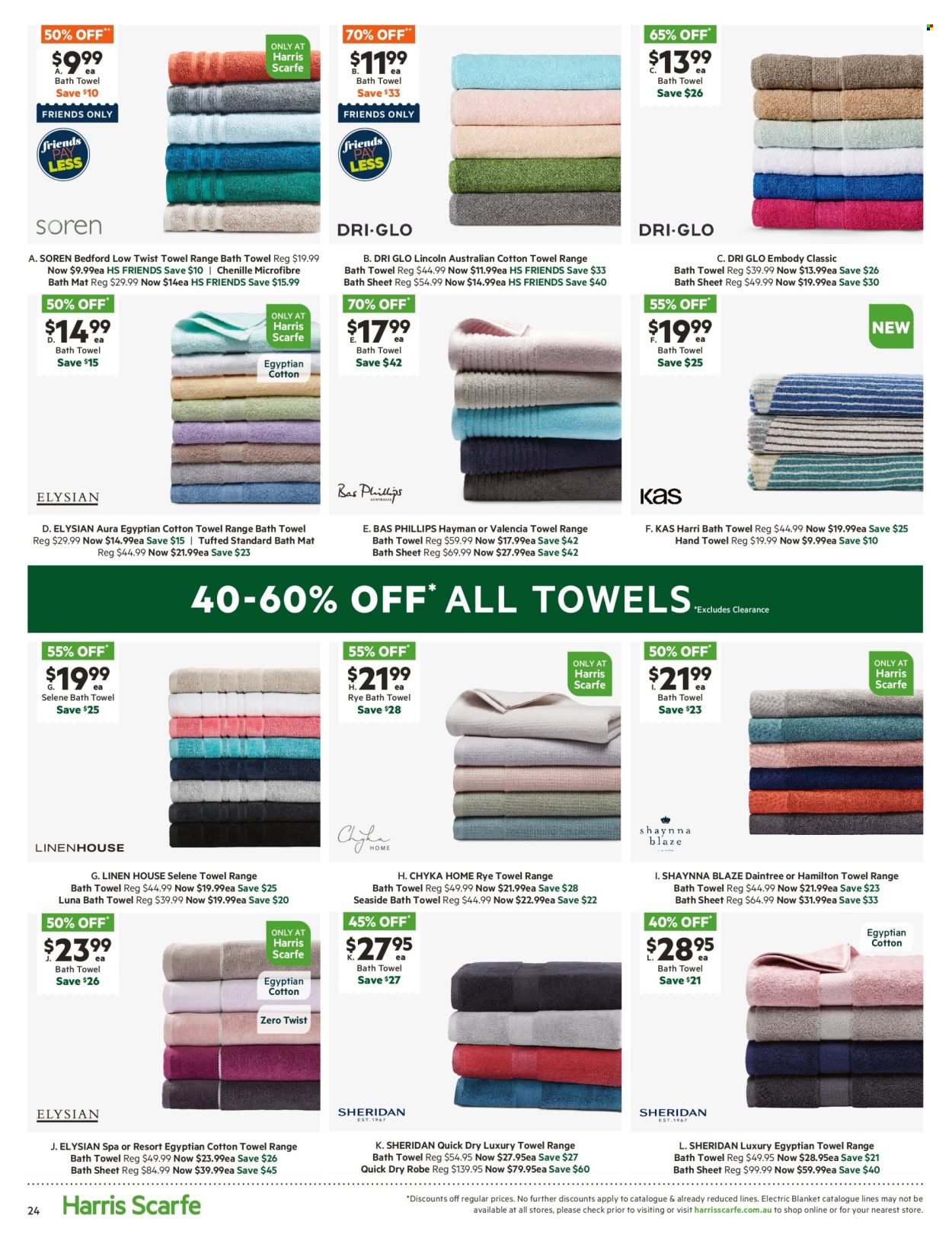 thumbnail - Harris Scarfe Catalogue - Sales products - blanket, linens, bath mat, bath towel, towel, hand towel, bath sheet, electric blanket, robe. Page 24.