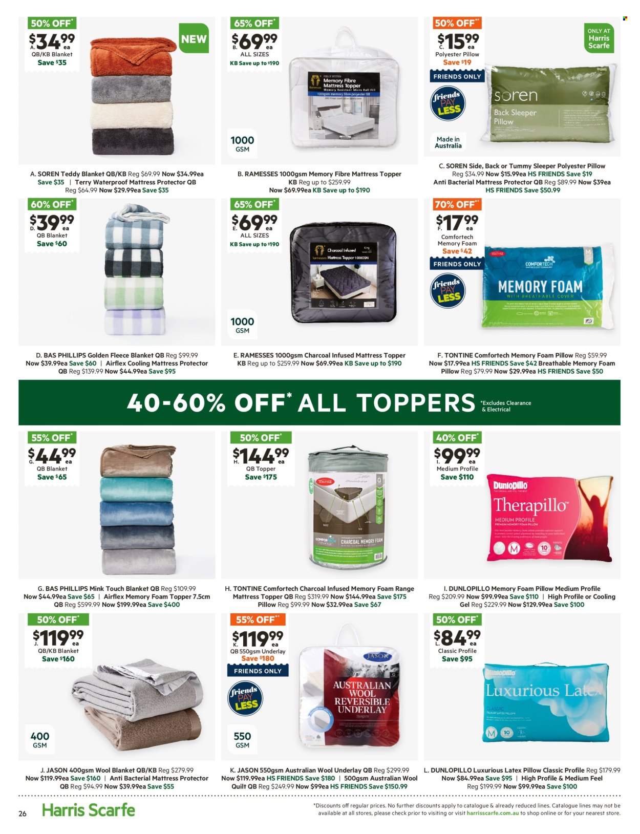 thumbnail - Harris Scarfe Catalogue - Sales products - pillow, blanket, quilt, mattress protector, foam pillow, wool throw. Page 26.