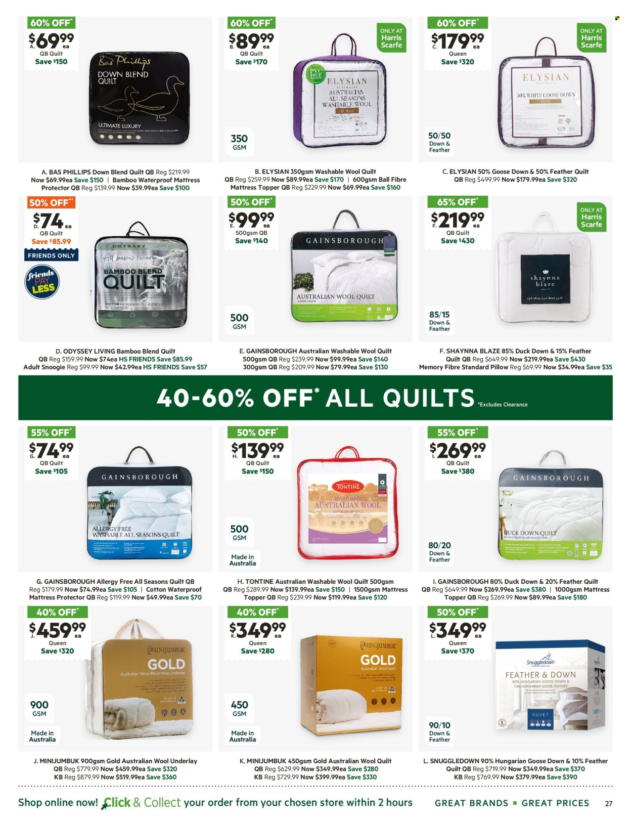 thumbnail - Harris Scarfe Catalogue - Sales products - pillow, quilt, wool quilt, mattress protector. Page 27.