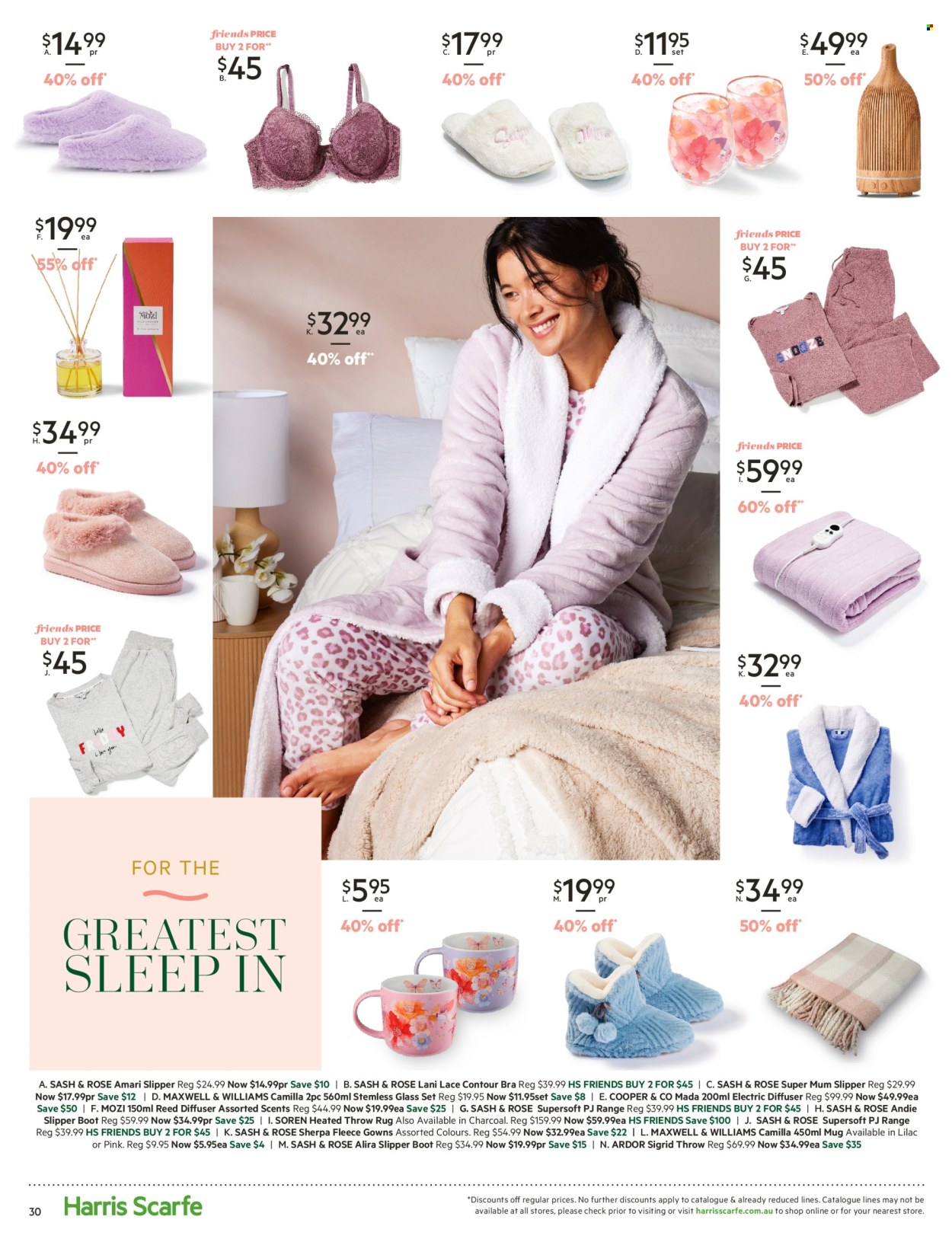 thumbnail - Harris Scarfe Catalogue - Sales products - boots, slippers, mug, diffuser, blanket, heated throw, sherpa, bra. Page 30.