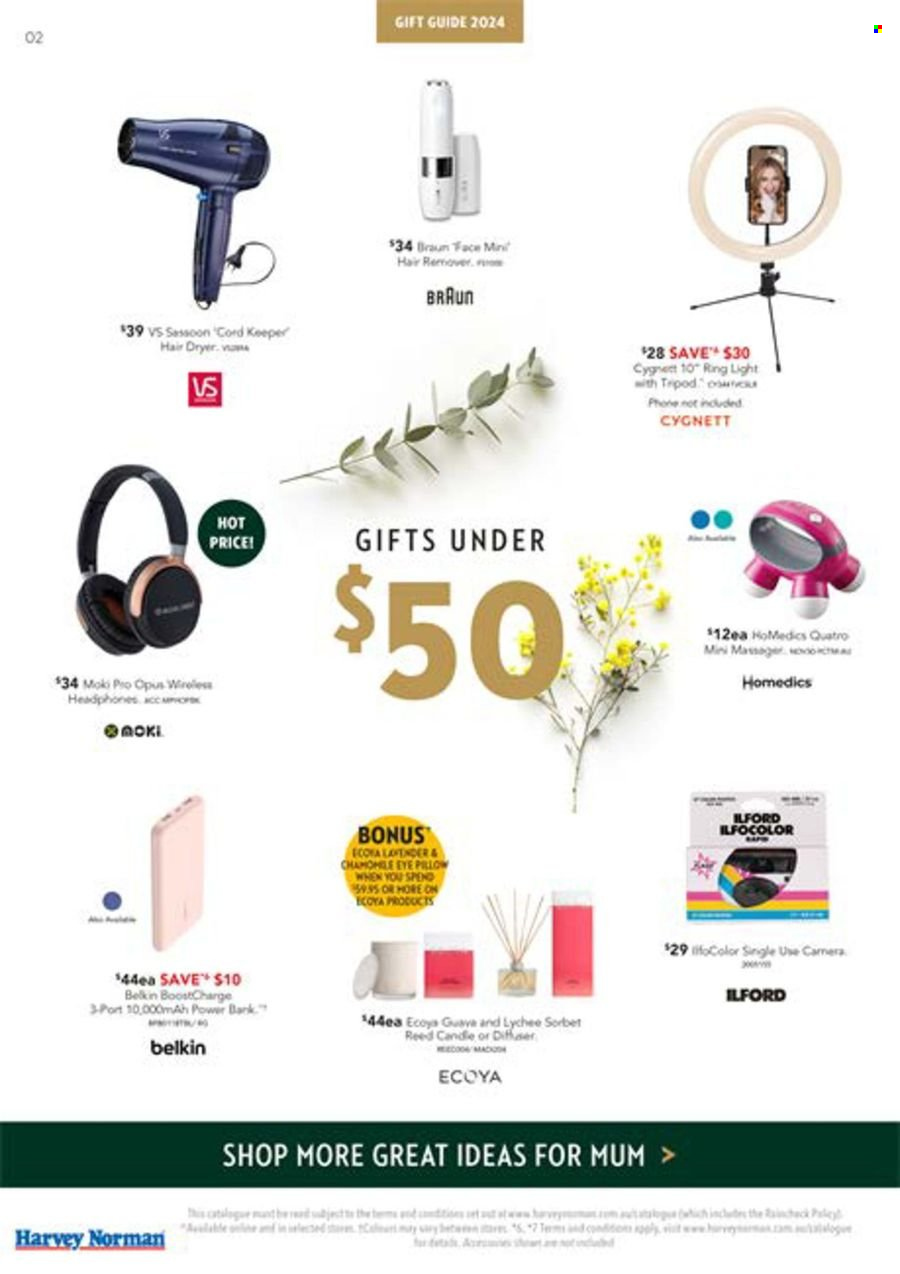 thumbnail - Harvey Norman Catalogue - 26 Apr 2024 - 12 May 2024 - Sales products - candle, pillow, power bank, camera, headphones, wireless headphones, Braun, massager, hair dryer, lavender. Page 2.