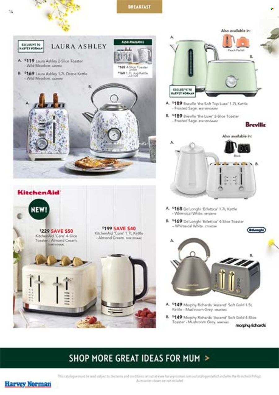 thumbnail - Harvey Norman Catalogue - 26 Apr 2024 - 12 May 2024 - Sales products - KitchenAid, De'Longhi, toaster, kettle. Page 14.